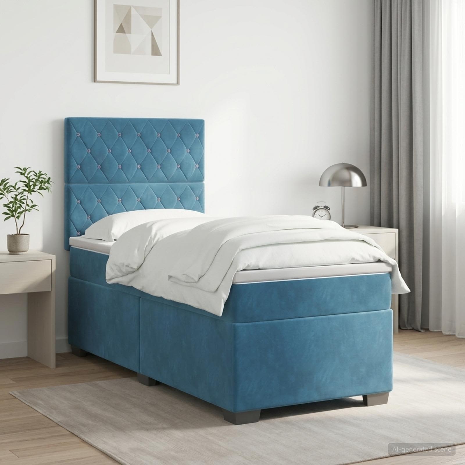 Κρεβάτι box spring με στρώμα Μπλε 80 x 200 cm Βελούδο - Pakobazaar