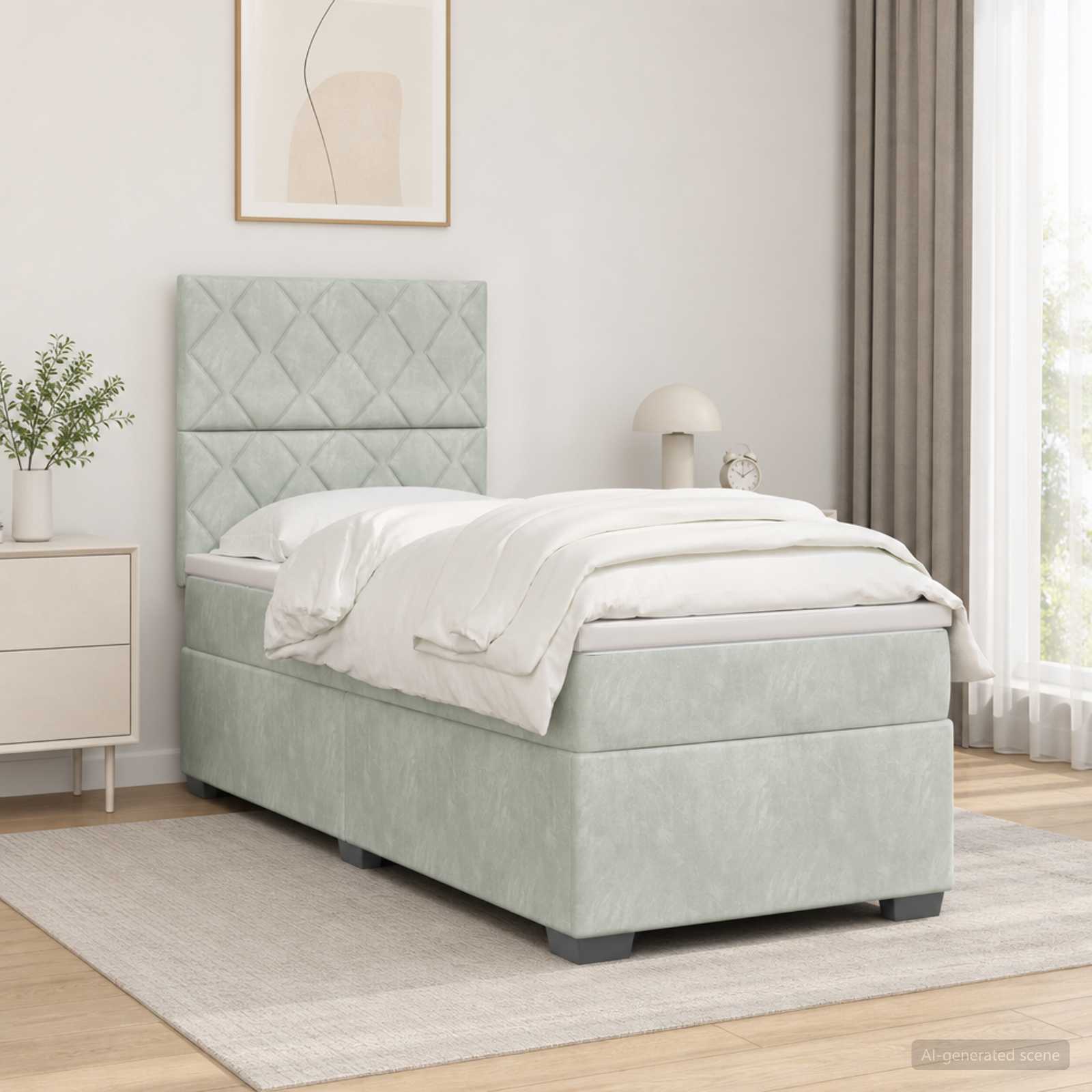 Κρεβάτι box spring με στρώμα Ανοιχτό γκρι 100 x 200 cm Βελούδο - Pakobazaar