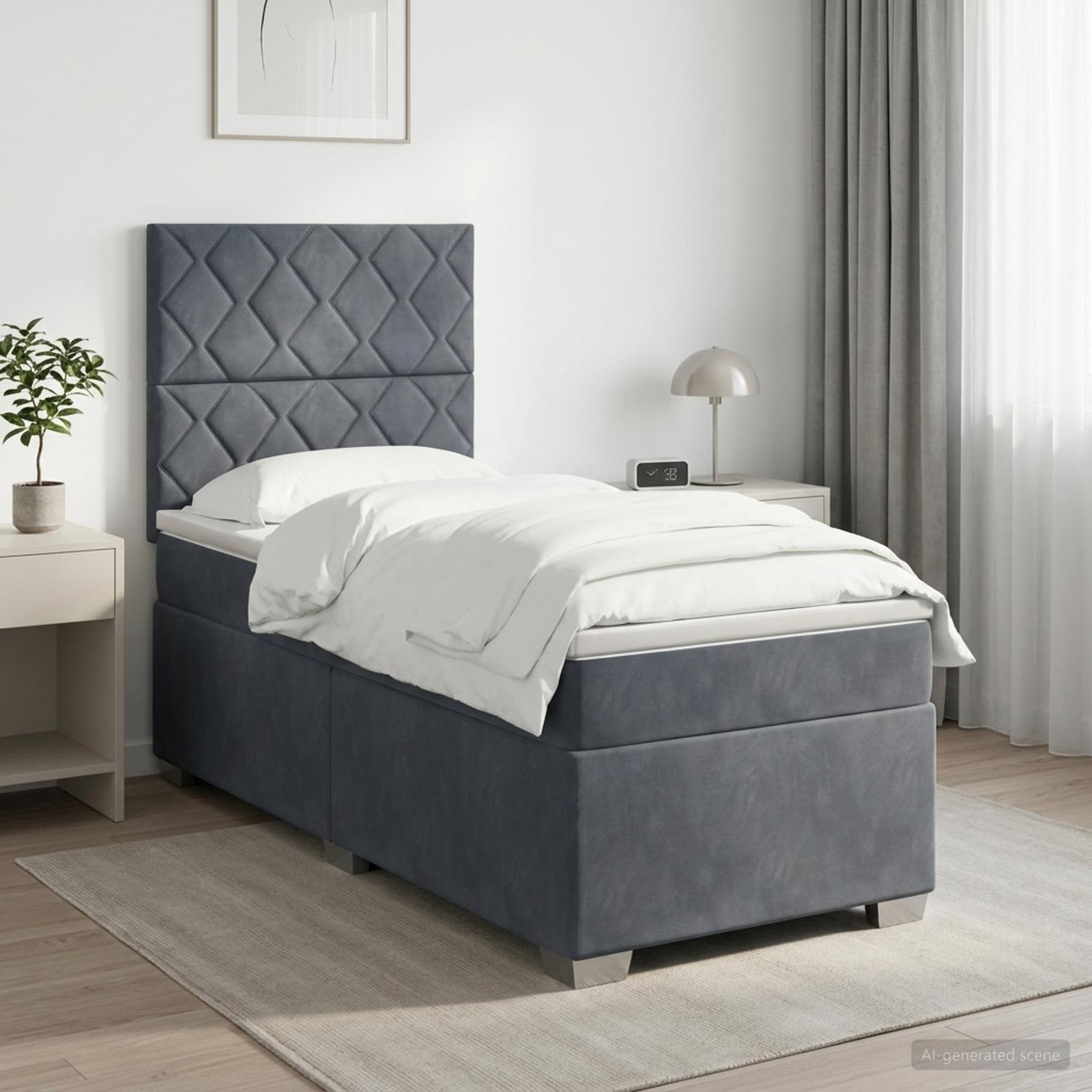 Κρεβάτι box spring με στρώμα Σκούρο Γκρι 90 x 190 cm Βελούδο - Pakobazaar