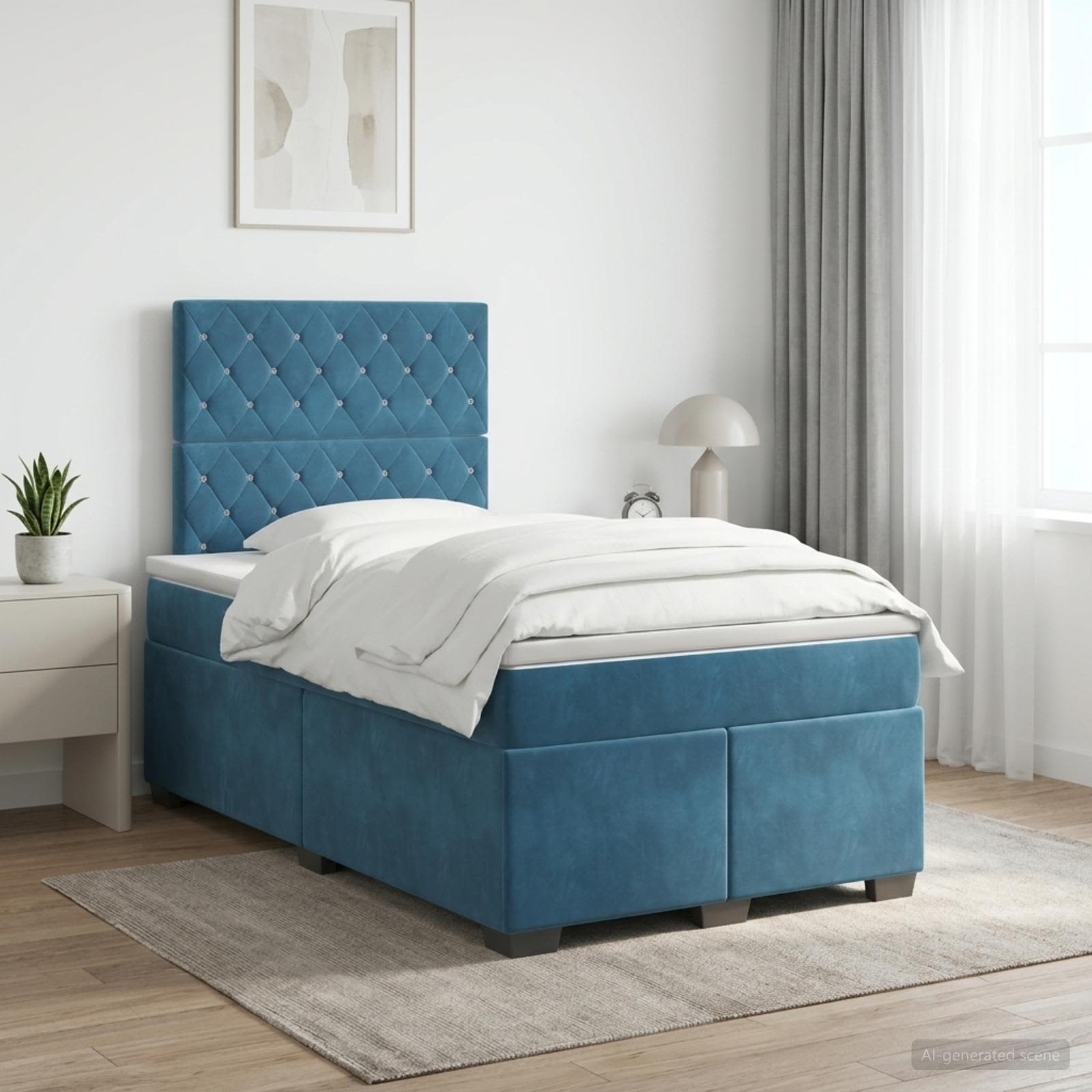 Κρεβάτι box spring με στρώμα Μπλε 120 x 190 cm Βελούδο - Pakobazaar