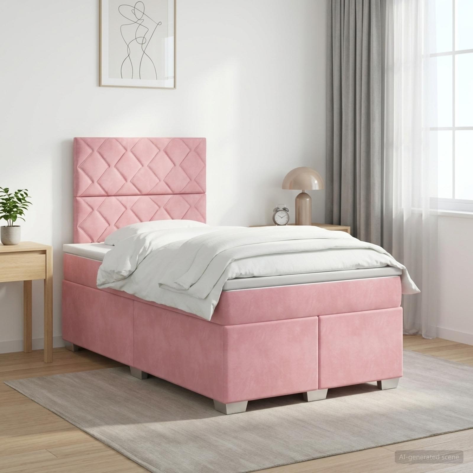 Κρεβάτι box spring με στρώμα Ροζ 120 x 190 cm Βελούδο - Pakobazaar