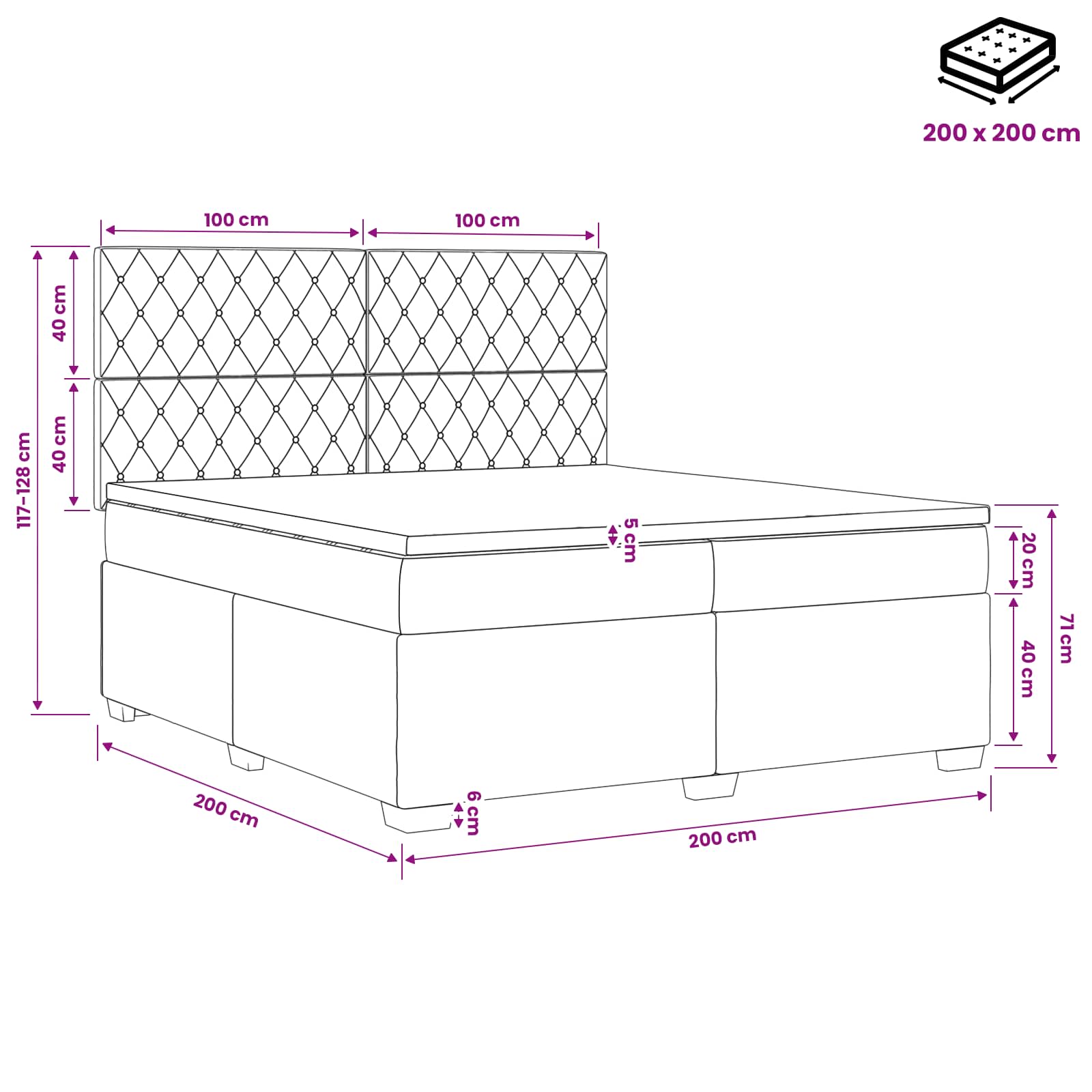 Κρεβάτι box spring με στρώμα Σκούρο Γκρι 200 x 200 cm Βελούδο - Pakobazaar