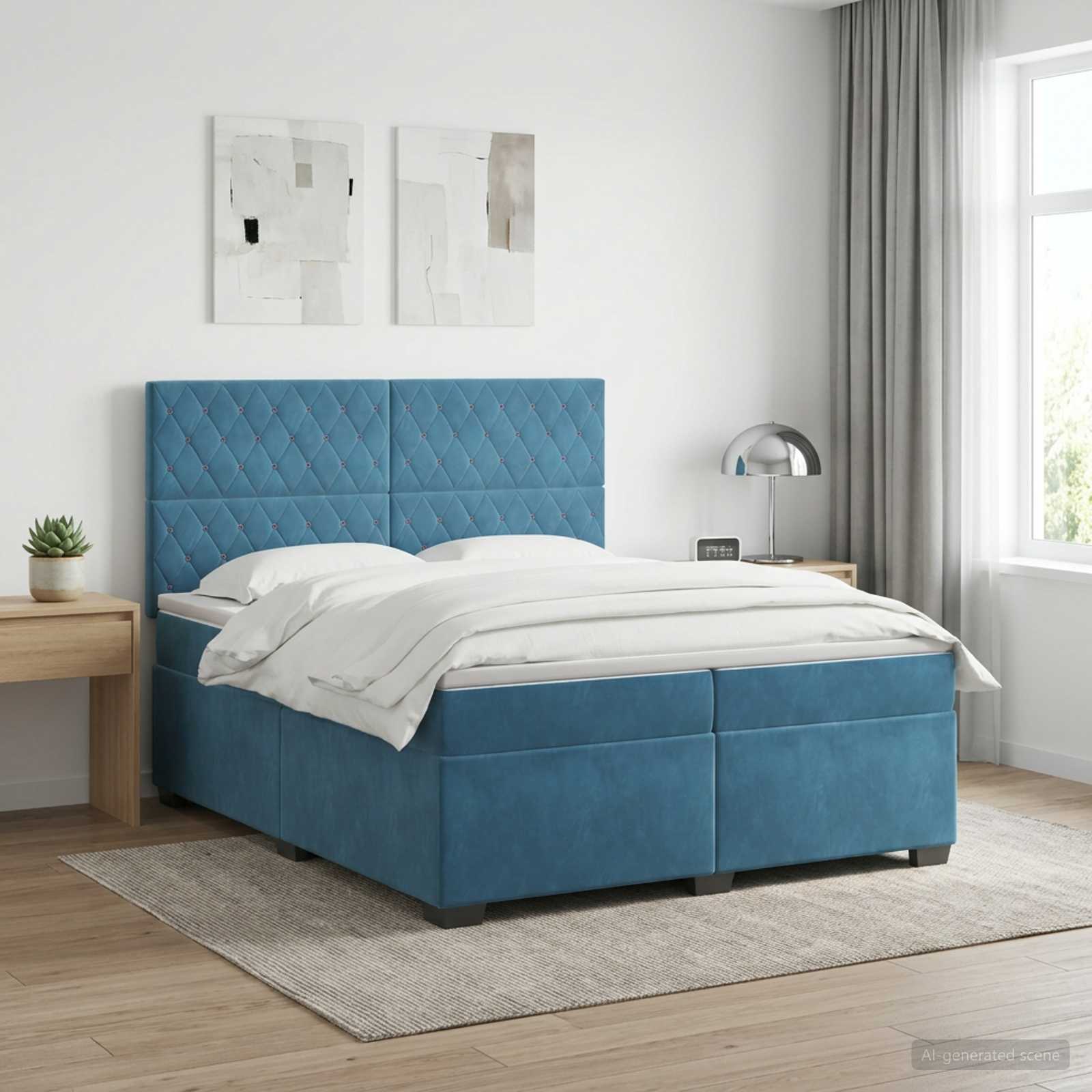 Κρεβάτι box spring με στρώμα Μπλε 200 x 200 cm Βελούδο - Pakobazaar