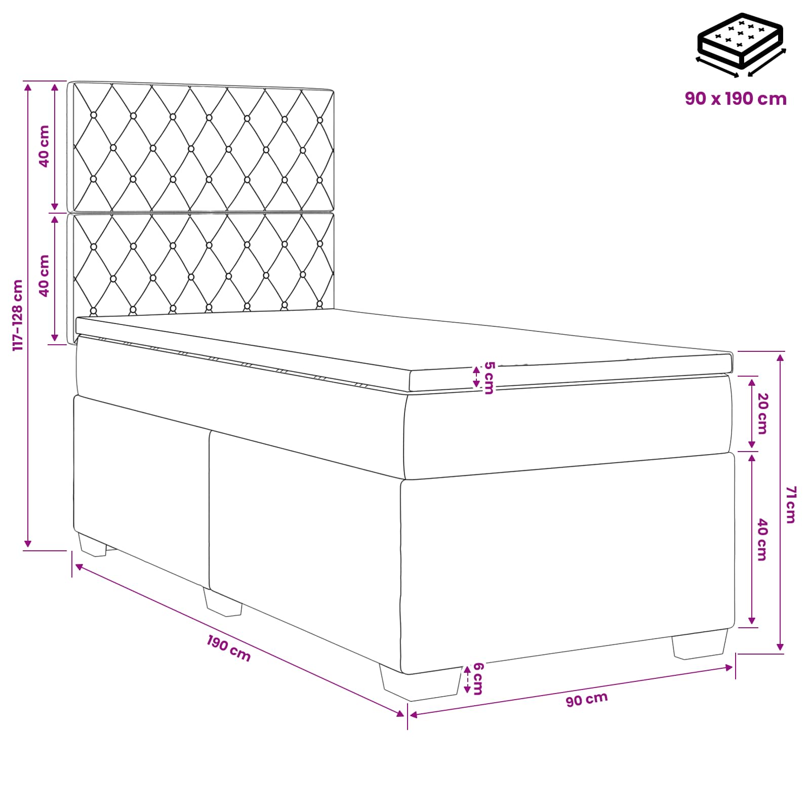Κρεβάτι box spring με στρώμα Ανοιχτό γκρι Μονό Βελούδο - Pakobazaar