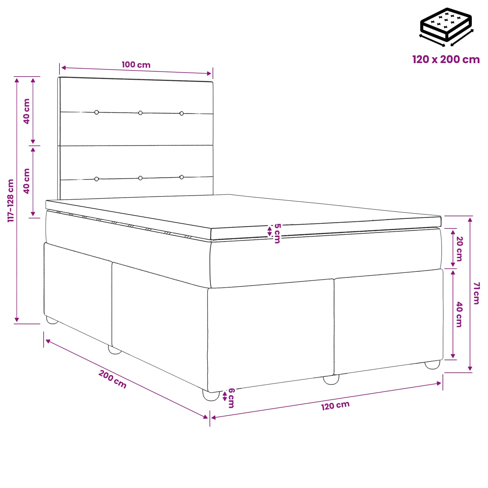 Κρεβάτι box spring με στρώμα Ανοιχτό γκρι 120 x 200 cm Ύφασμα - Pakobazaar