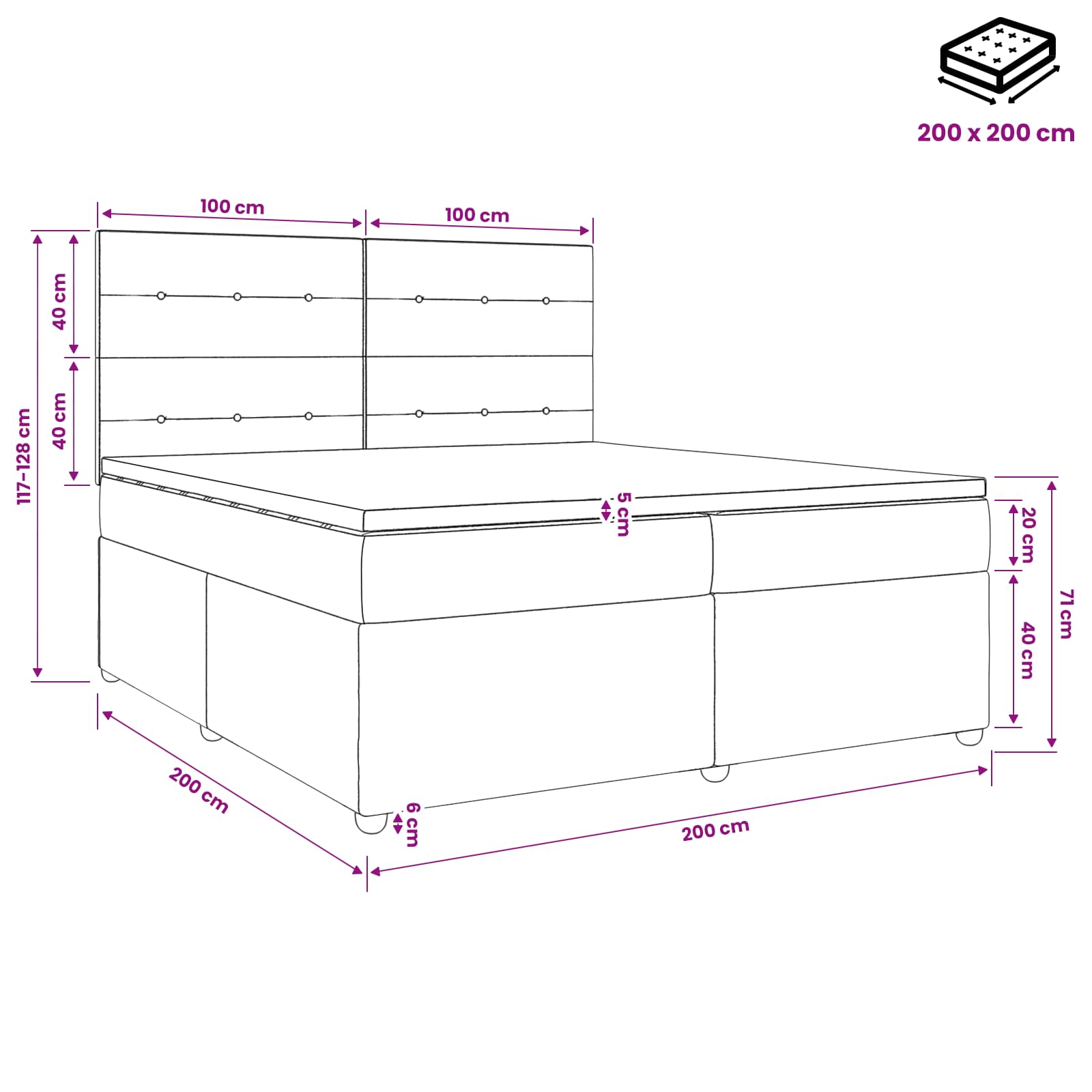 Κρεβάτι box spring με στρώμα Μαύρο 200 x 200 cm Ύφασμα - Pakobazaar