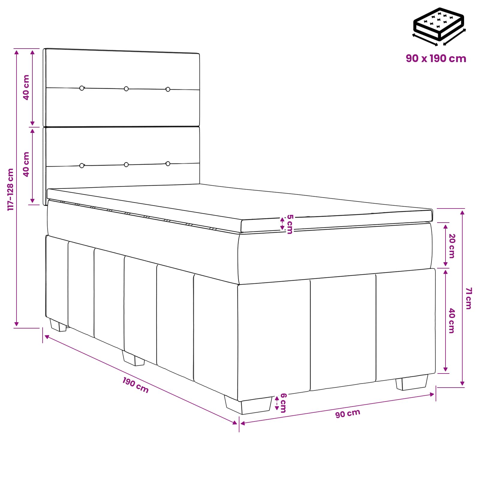 Κρεβάτι box spring με στρώμα Σκούρο Γκρι 90 x 190 cm Ύφασμα