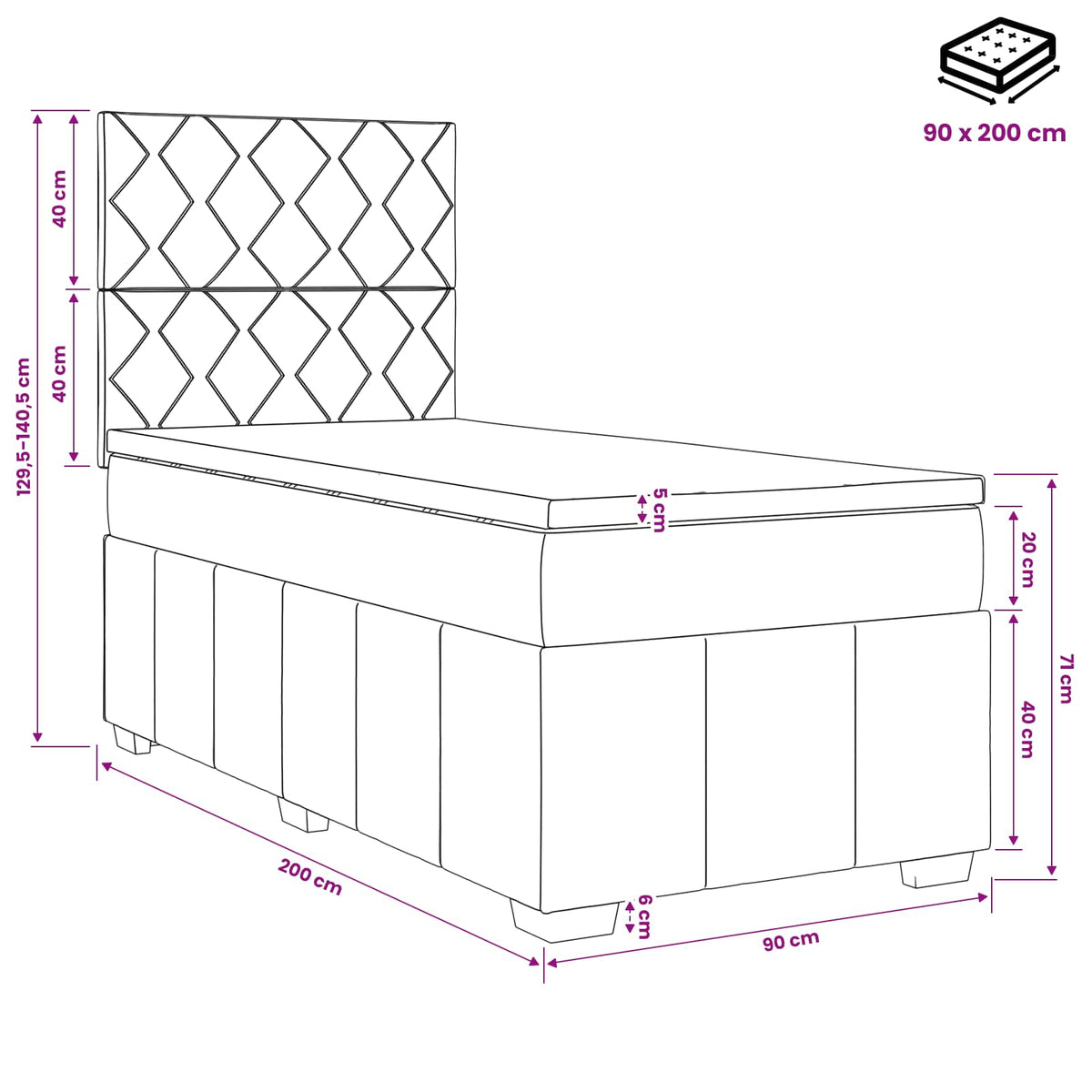 Κρεβάτι box spring με στρώμα Σκούρο Γκρι 90 x 200 cm Ύφασμα - Pakobazaar