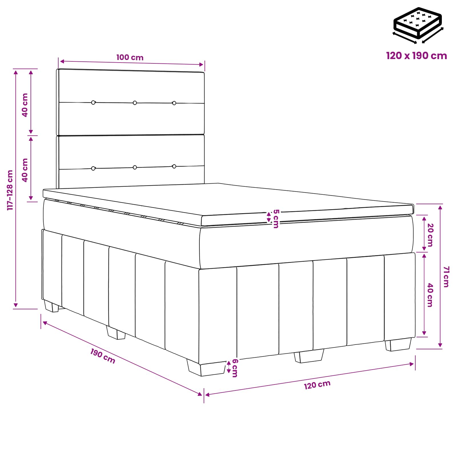 Κρεβάτι box spring με στρώμα Σκούρο Γκρι 120 x 190 cm Ύφασμα - Pakobazaar