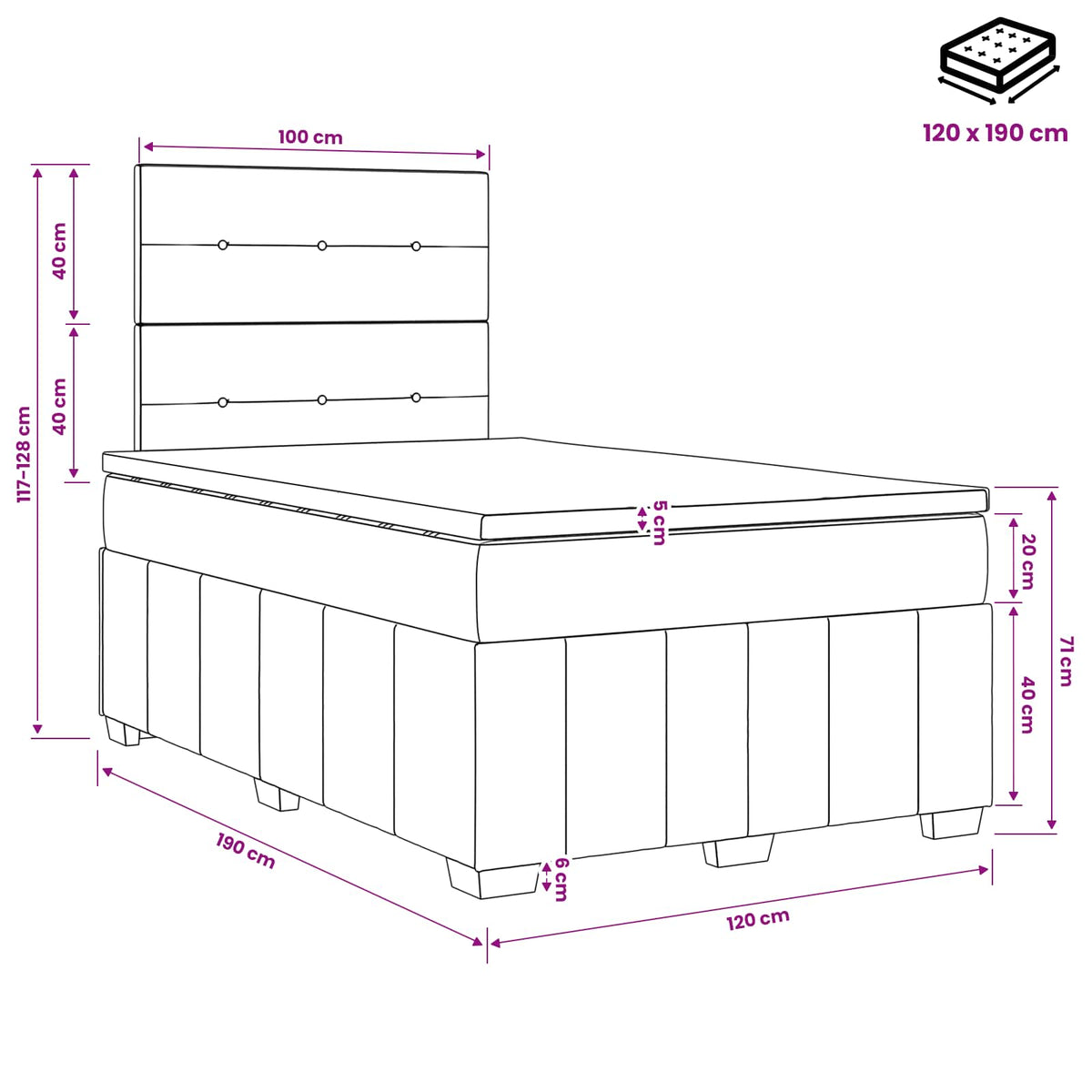 Κρεβάτι box spring με στρώμα Μαύρο 120 x 190 cm Ύφασμα - Pakobazaar