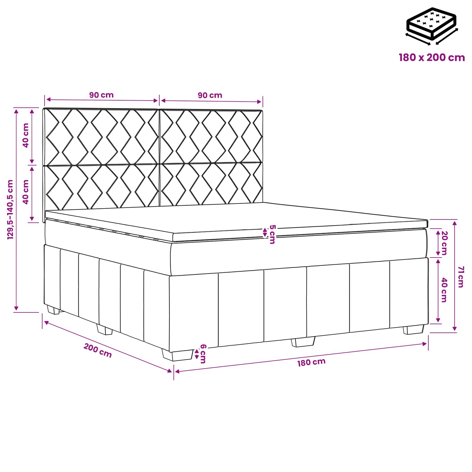 Κρεβάτι box spring με στρώμα Μαύρο 180 x 200 cm Ύφασμα - Pakobazaar