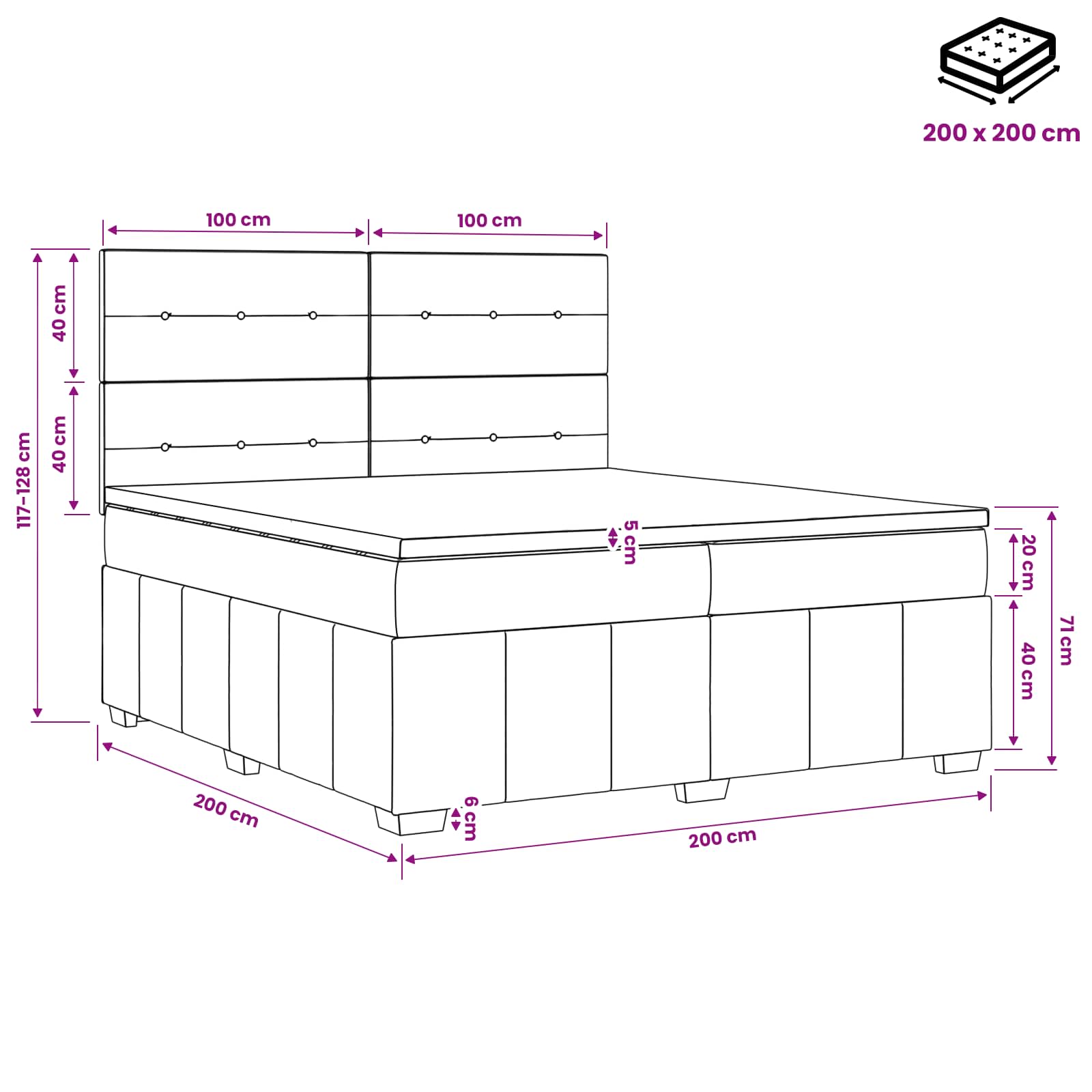 Κρεβάτι box spring με στρώμα Μαύρο 200 x 200 cm Ύφασμα - Pakobazaar