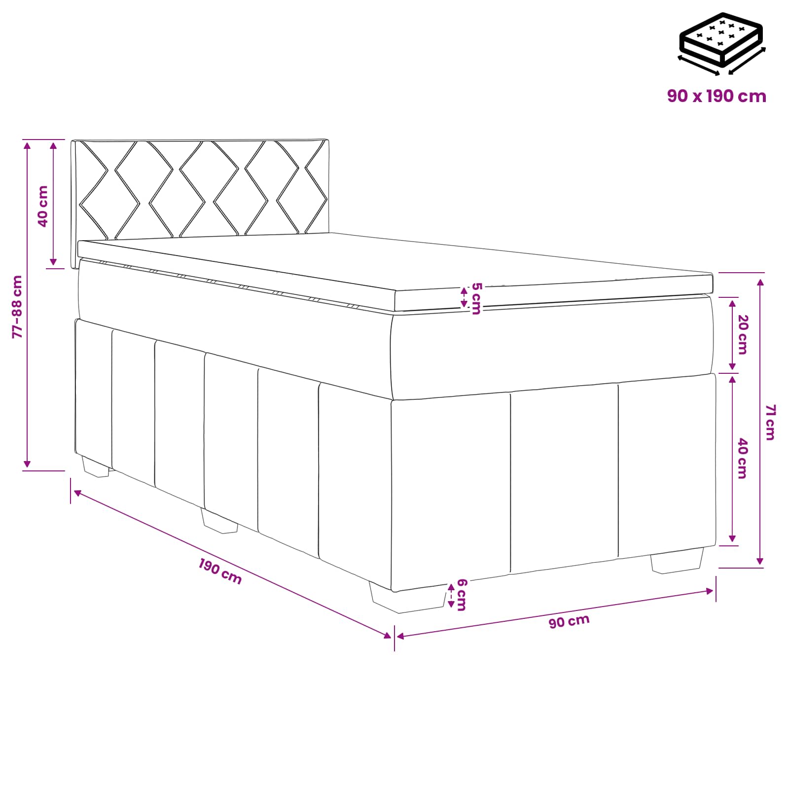 Κρεβάτι box spring με στρώμα Σκούρο Γκρι Μονό Ύφασμα - Pakobazaar