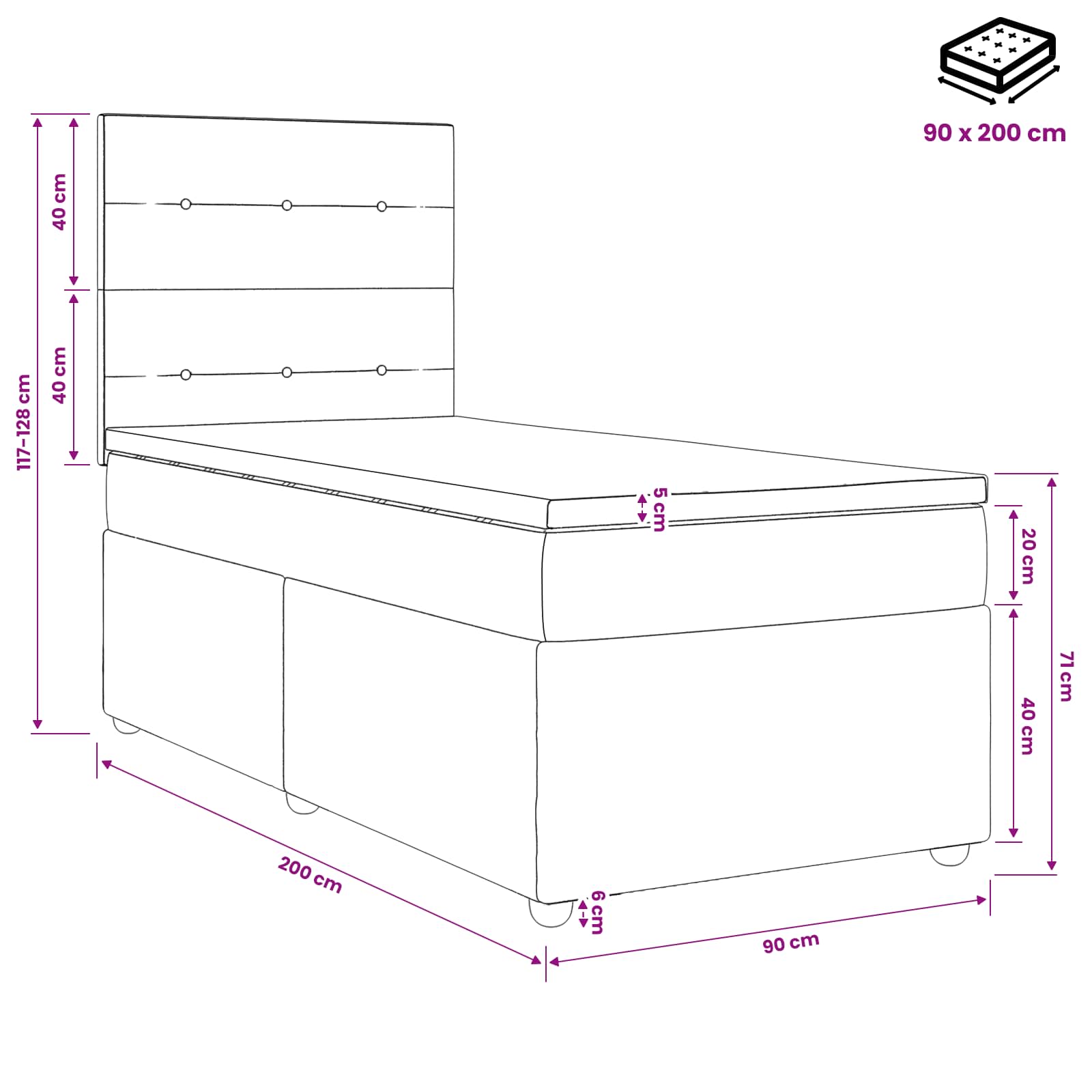 Κρεβάτι box spring με στρώμα Σκούρο Γκρι 90 x 200 cm Ύφασμα - Pakobazaar