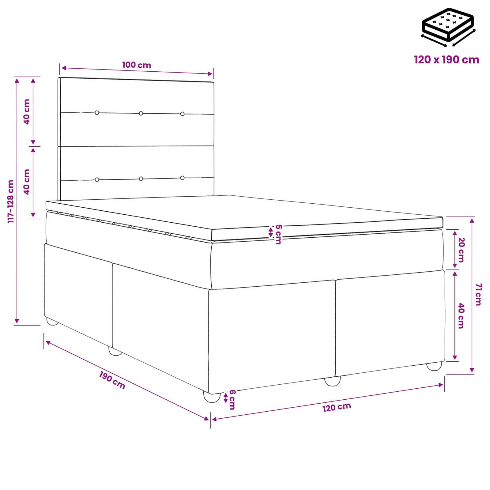 Κρεβάτι box spring με στρώμα Σκούρο Γκρι 120 x 190 cm Ύφασμα - Pakobazaar