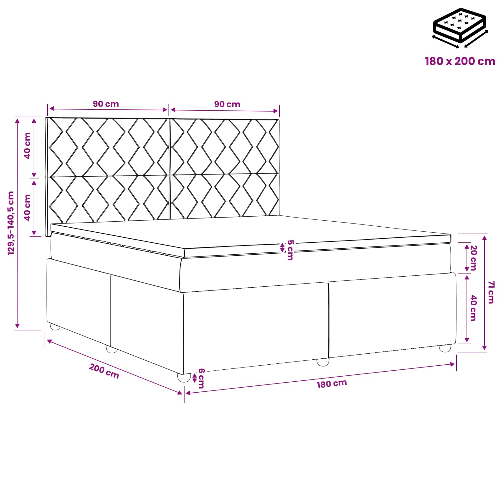 Κρεβάτι box spring με στρώμα Μαύρο 180 x 200 cm Ύφασμα - Pakobazaar