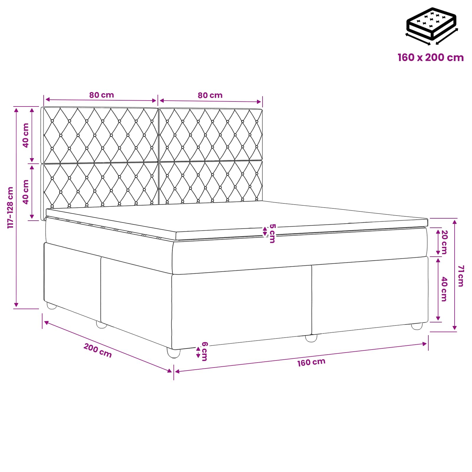 Κρεβάτι box spring με στρώμα Μαύρο 160 x 200 cm Βελούδο - Pakobazaar