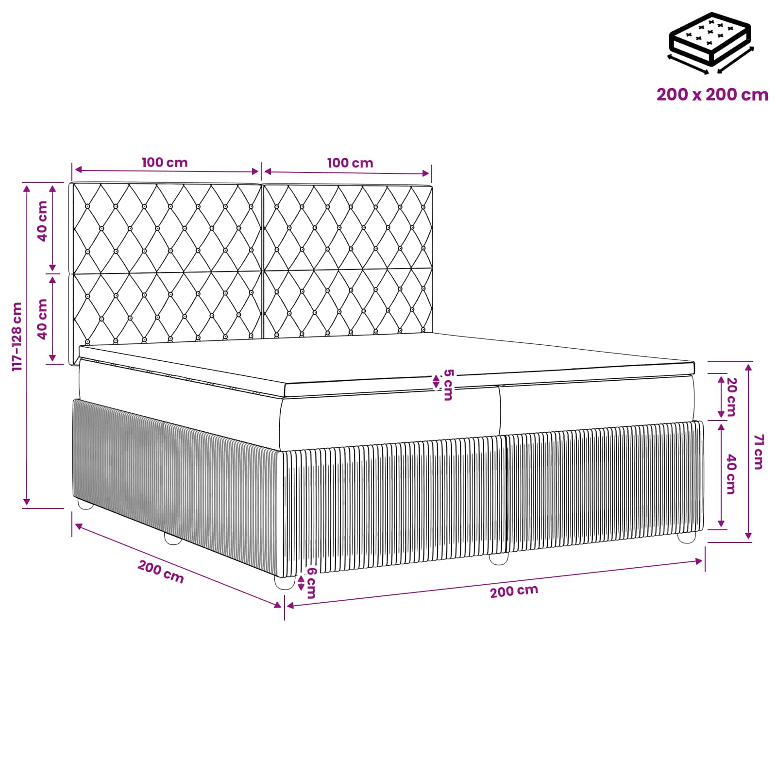 Κρεβάτι box spring με στρώμα Ανοιχτό γκρι 200 x 200 cm Βελούδο