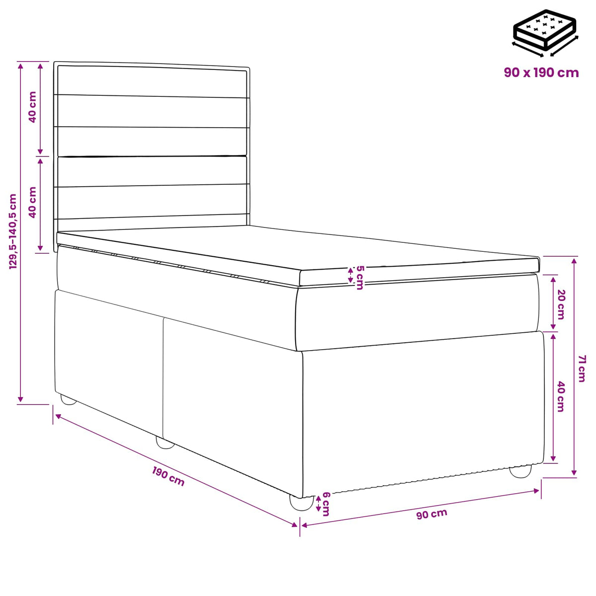 Κρεβάτι box spring με στρώμα Ανοιχτό γκρι Μονό Ύφασμα
