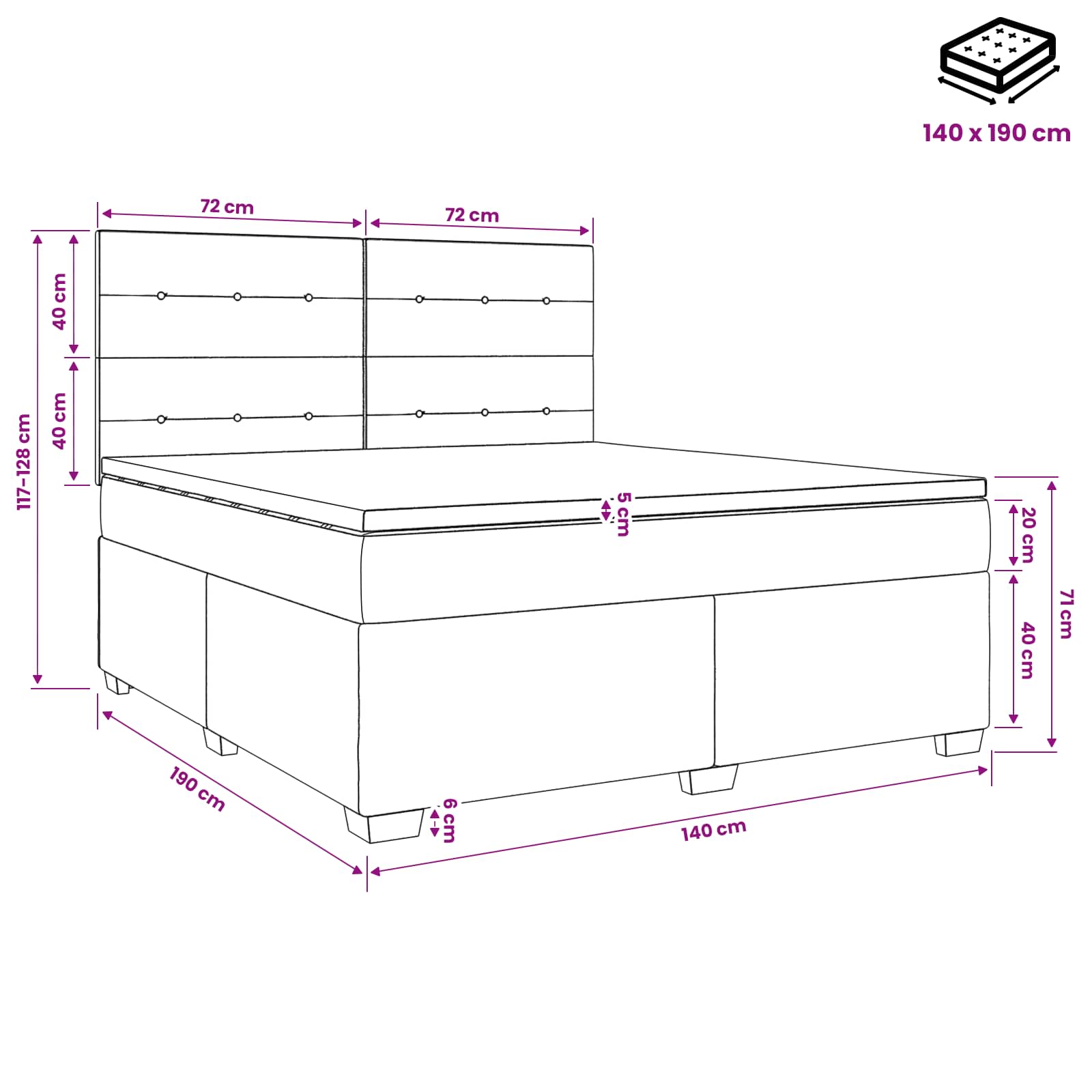 Κρεβάτι box spring με στρώμα Σκούρο Καφέ 140 x 190 cm Ύφασμα - Pakobazaar