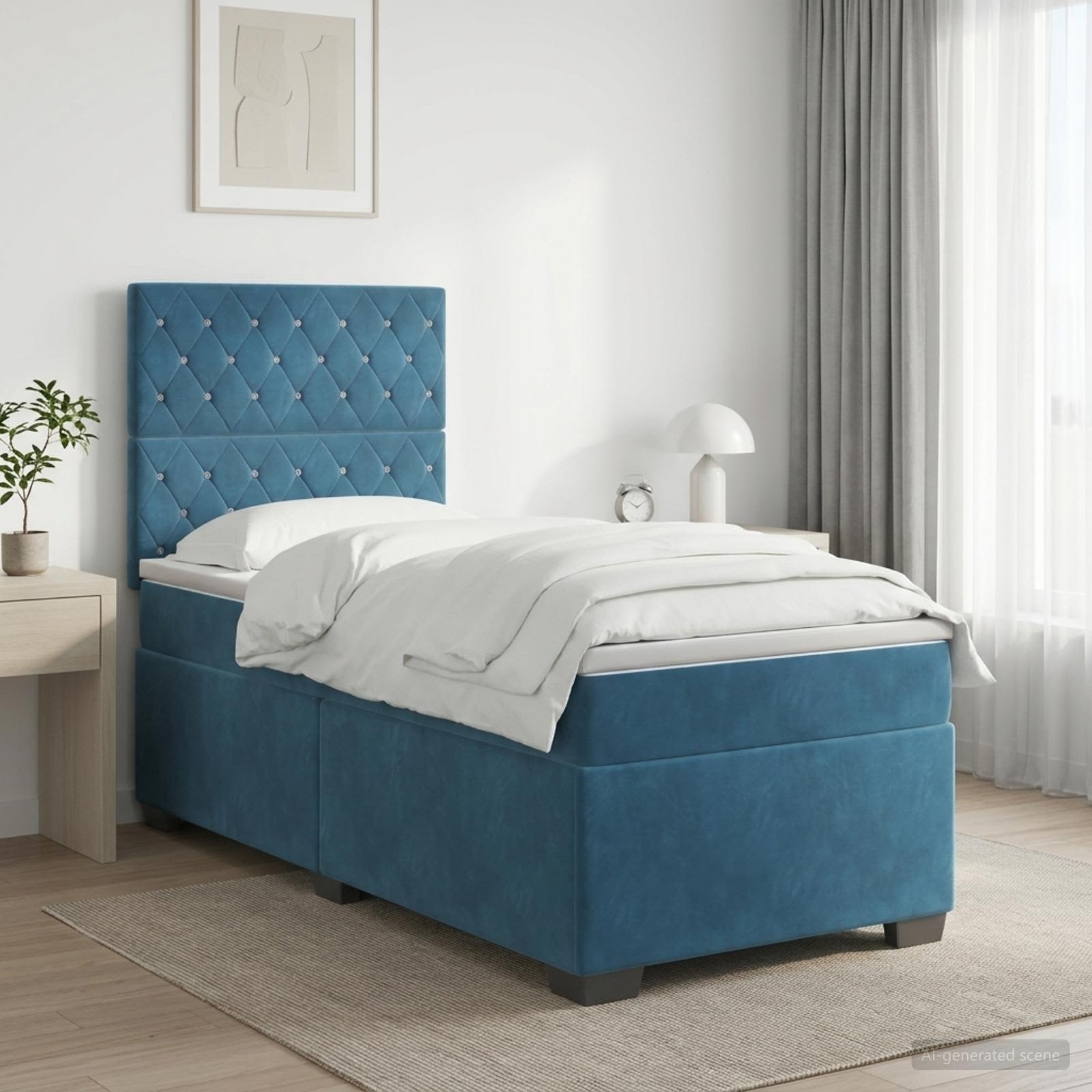 Κρεβάτι box spring με στρώμα Μπλε 90 x 200 cm Βελούδο - Pakobazaar