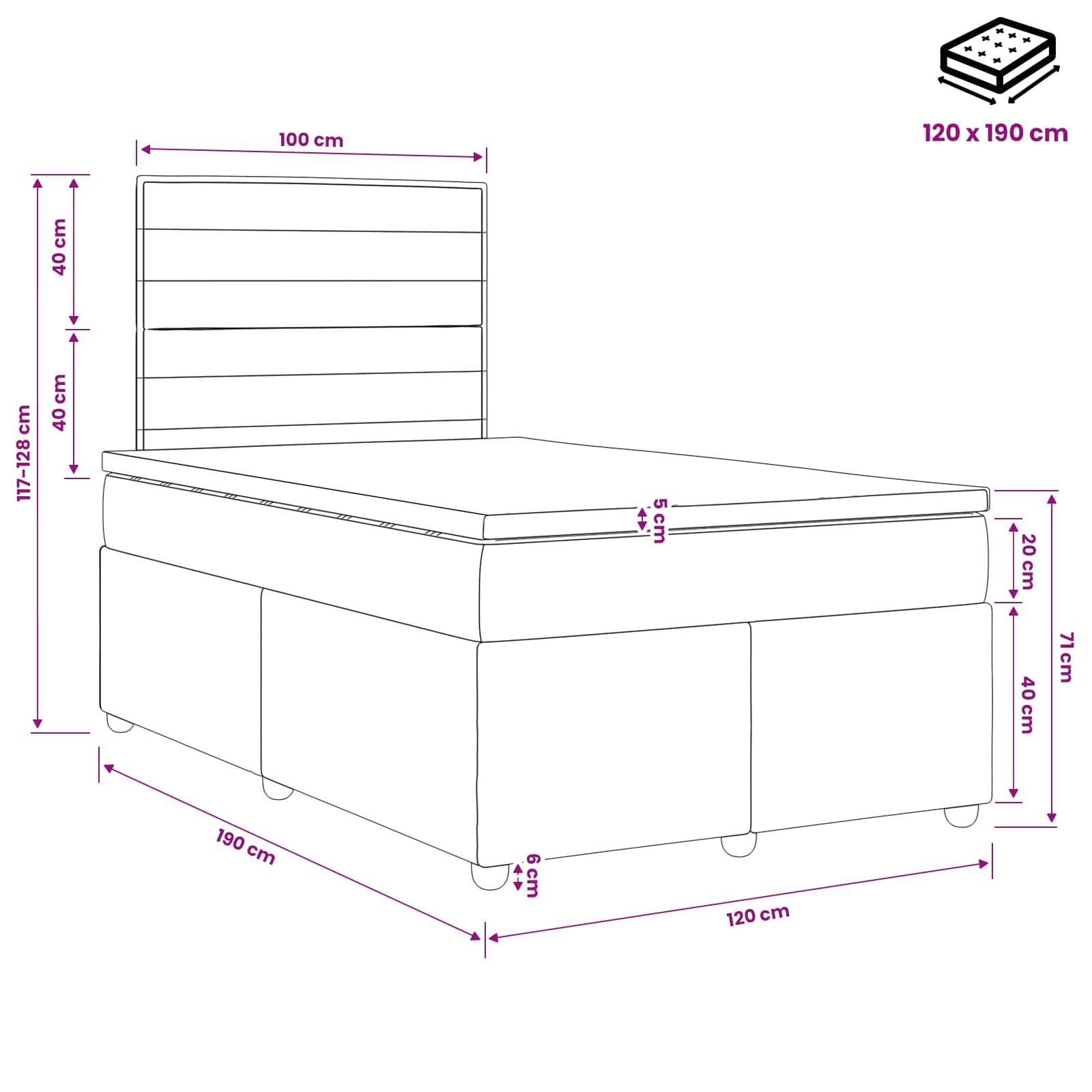 Κρεβάτι box spring με στρώμα Μαύρο 120 x 190 cm Ύφασμα - Pakobazaar