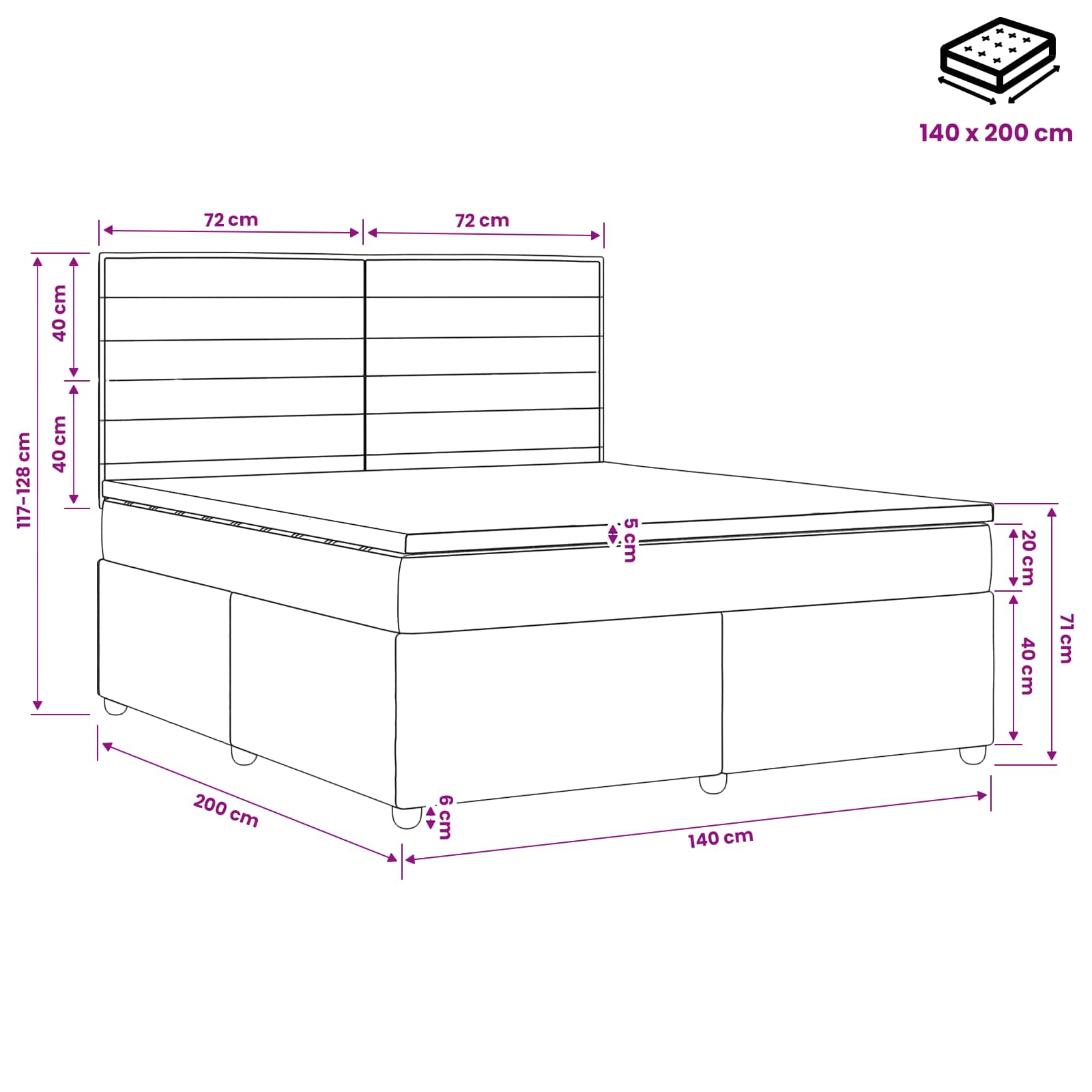 Κρεβάτι box spring με στρώμα Σκούρο Γκρι 140 x 200 cm Ύφασμα - Pakobazaar
