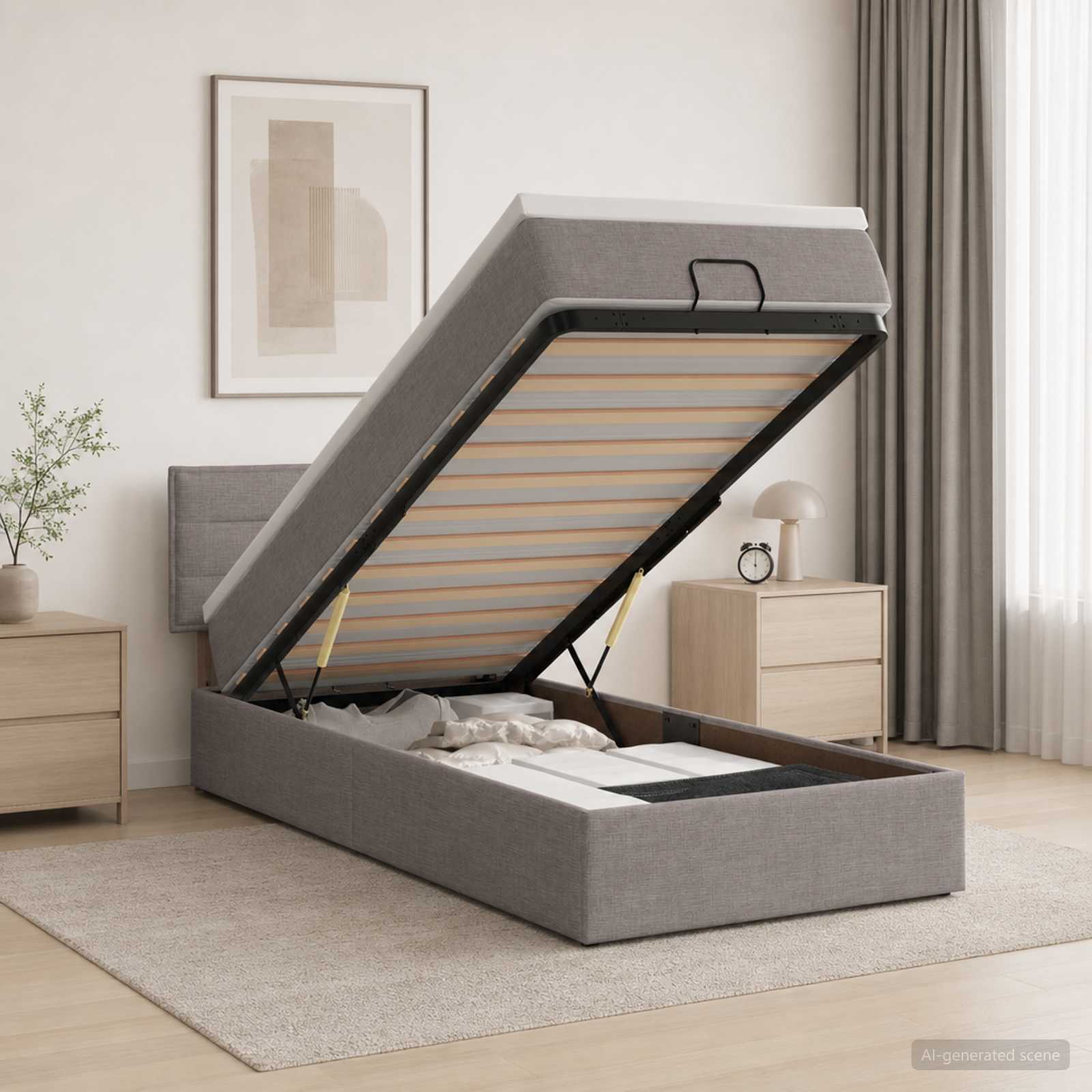 Κρεβάτι Ottoman με Στρώμα και LED Taupe 100 x 200 cm Ύφασμα - Pakobazaar