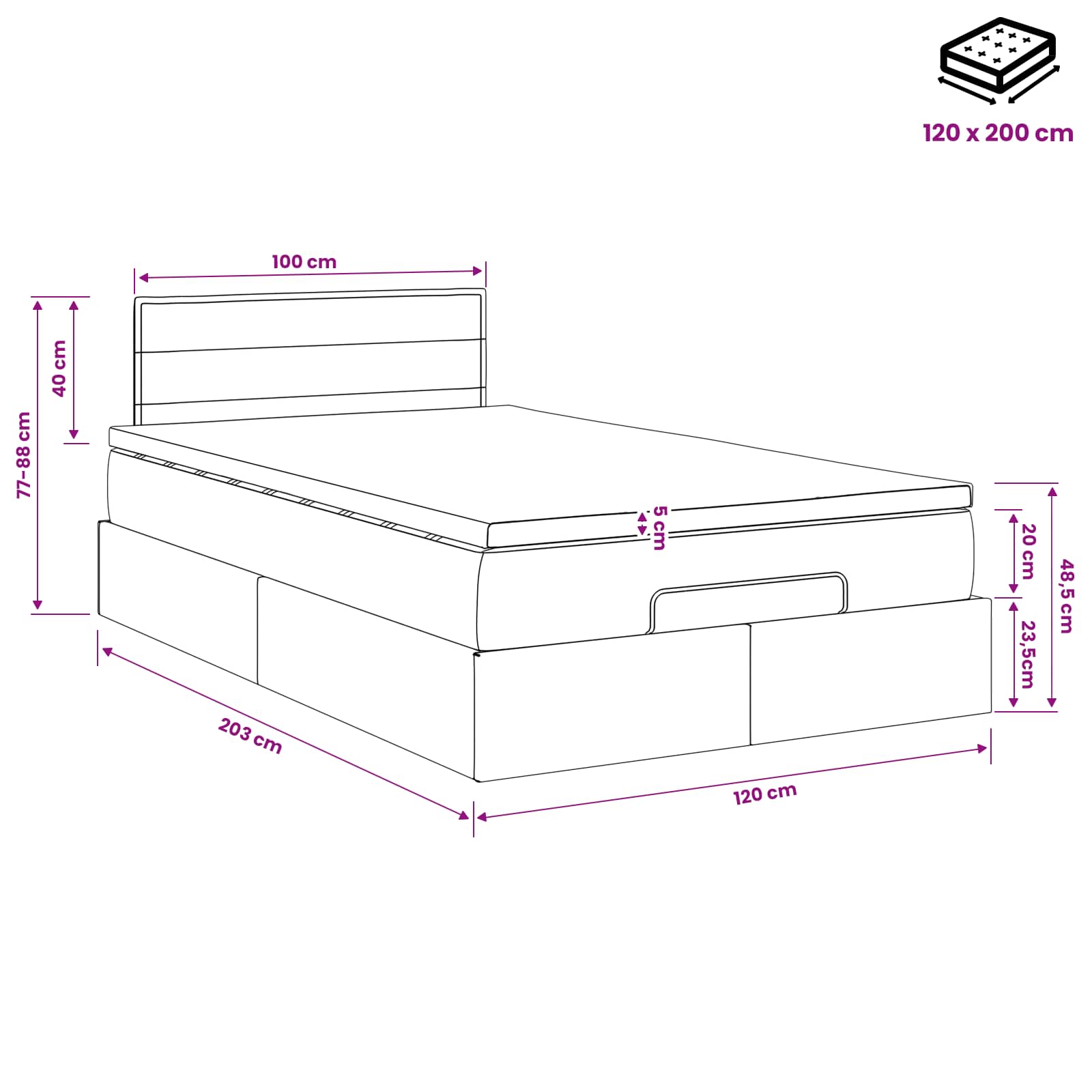 Κρεβάτι Ottoman με στρώμα με κεφαλάρι Μαύρο 120 x 200 cm Ύφασμα - Pakobazaar