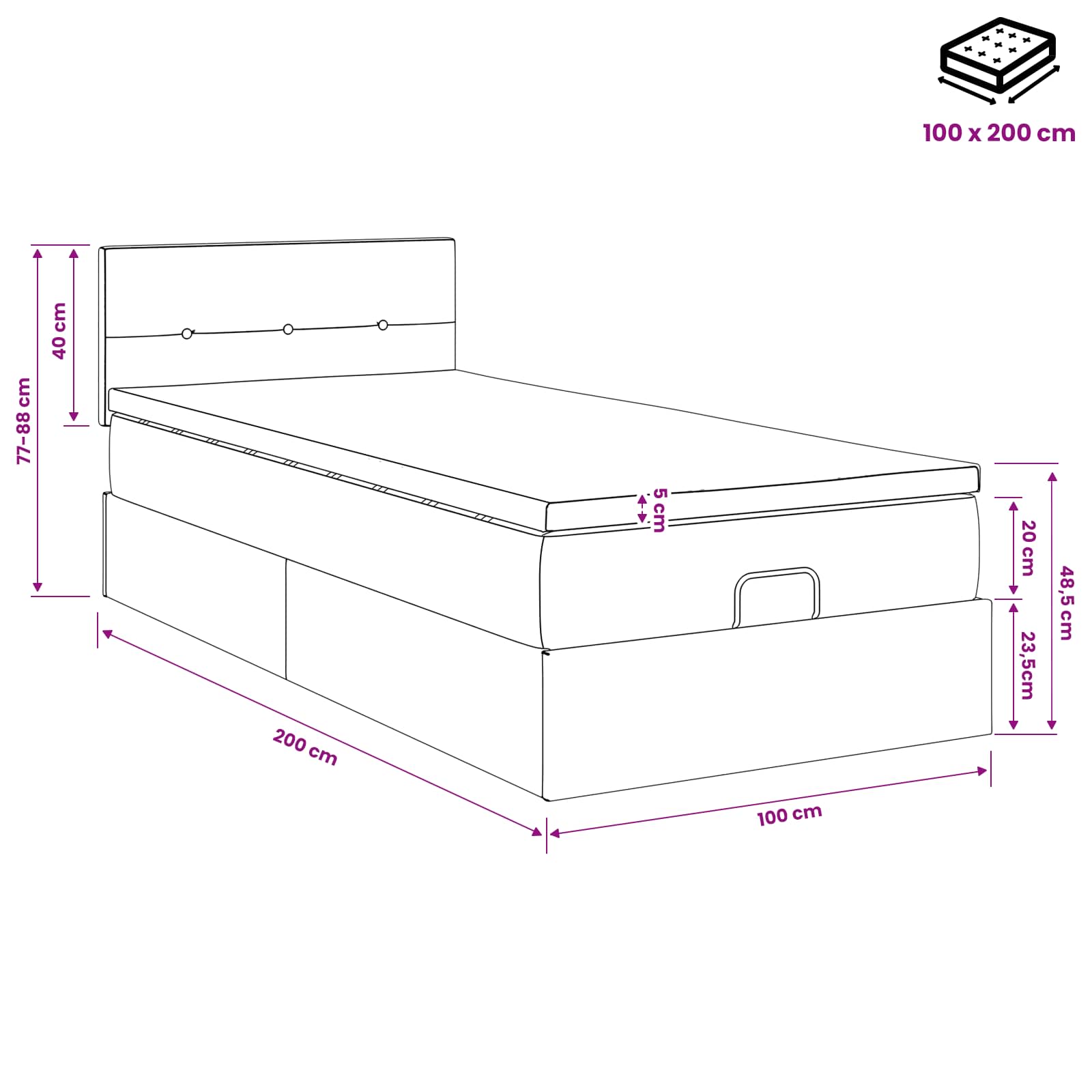 Κρεβάτι Ottoman με στρώμα με κεφαλάρι Κρεμ 100 x 200 cm Ύφασμα