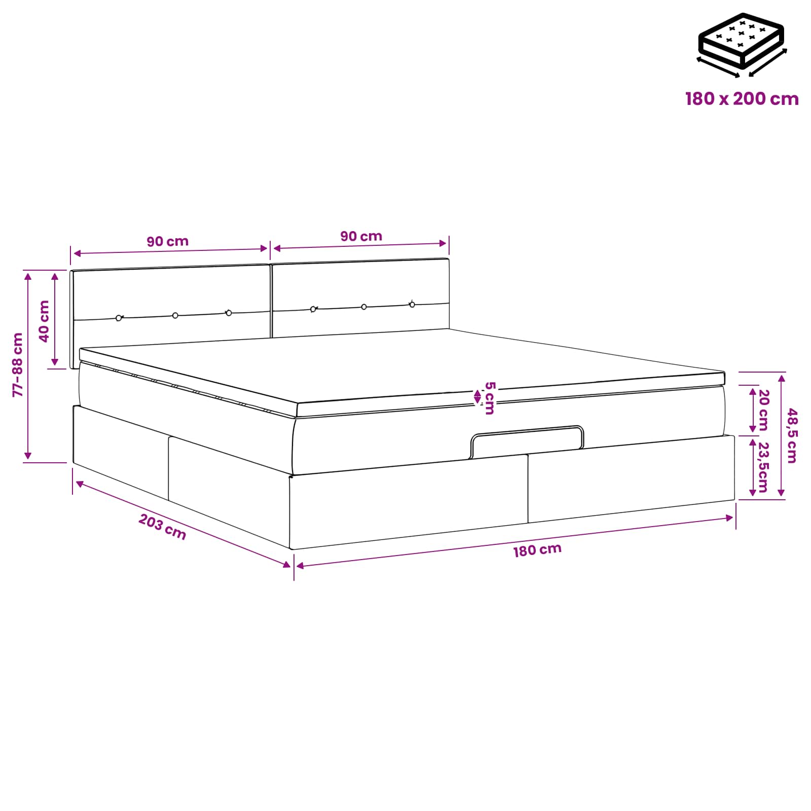 Κρεβάτι Ottoman με στρώμα Σκούρο Γκρι 180 x 200 cm Ύφασμα - Pakobazaar