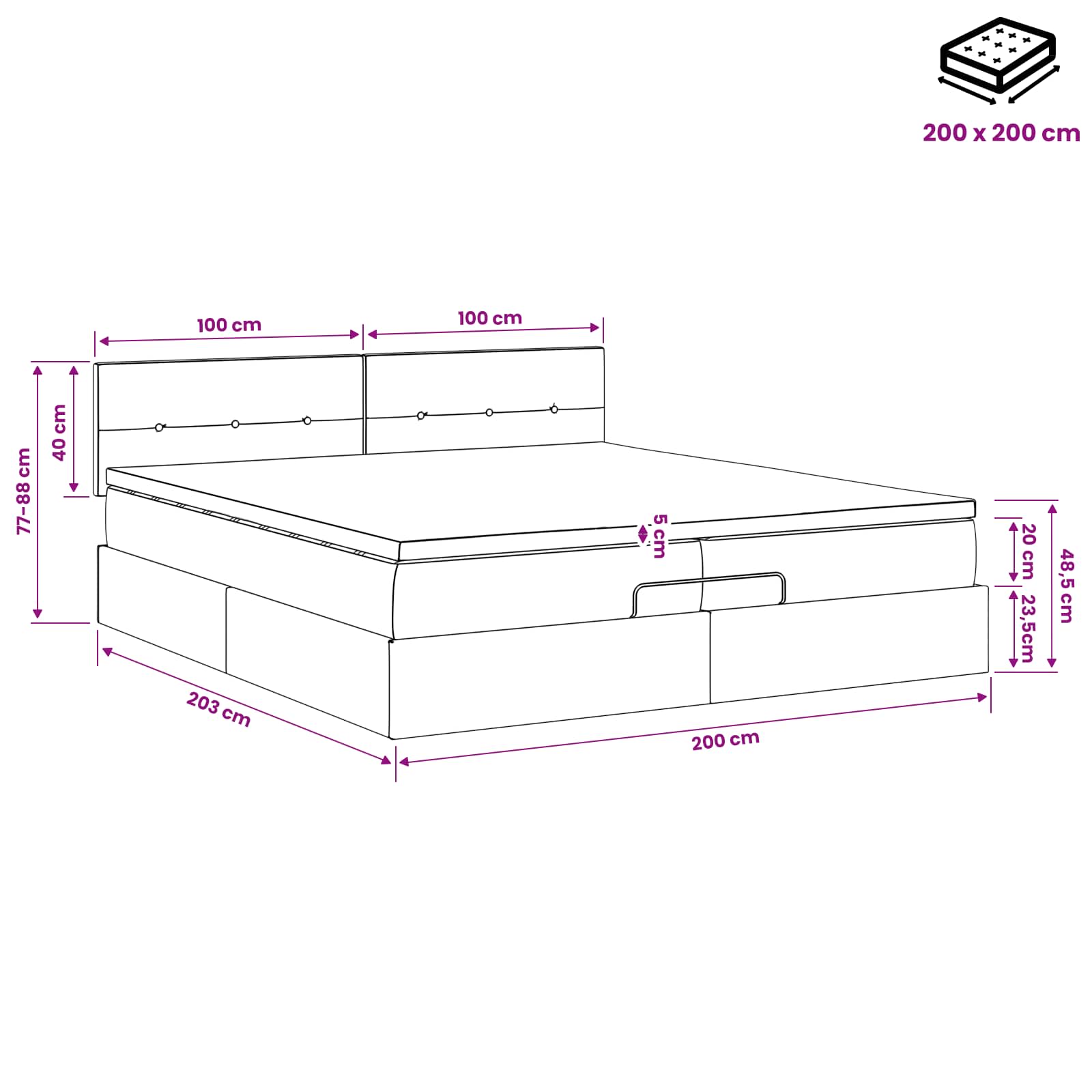 Κρεβάτι Ottoman με στρώμα Σκούρο Γκρι 200 x 200 cm Ύφασμα - Pakobazaar