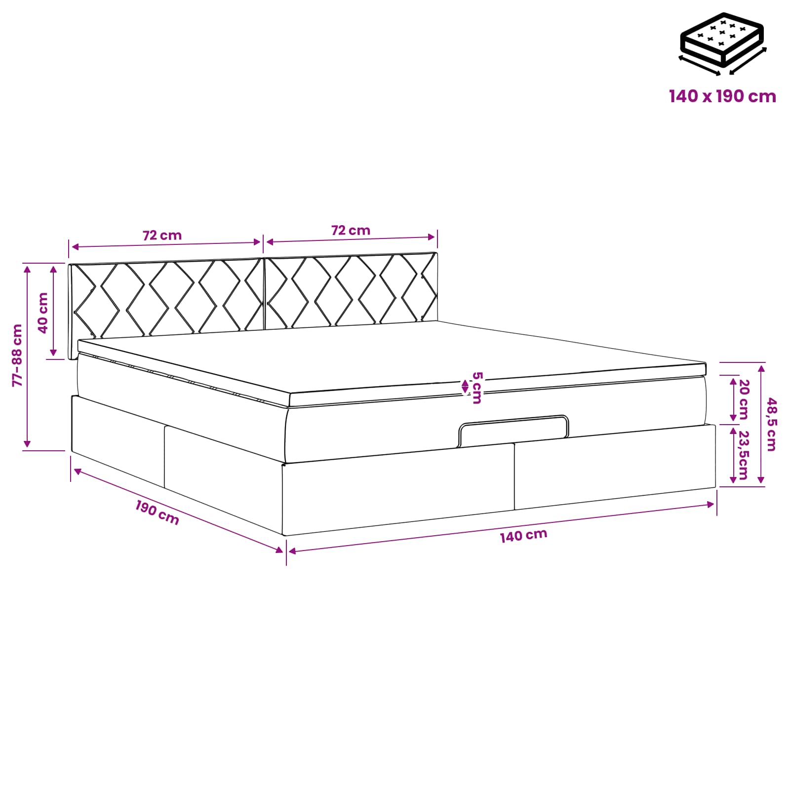 Κρεβάτι Ottoman με στρώμα με κεφαλάρι Μαύρο 140 x 190 cm Ύφασμα - Pakobazaar