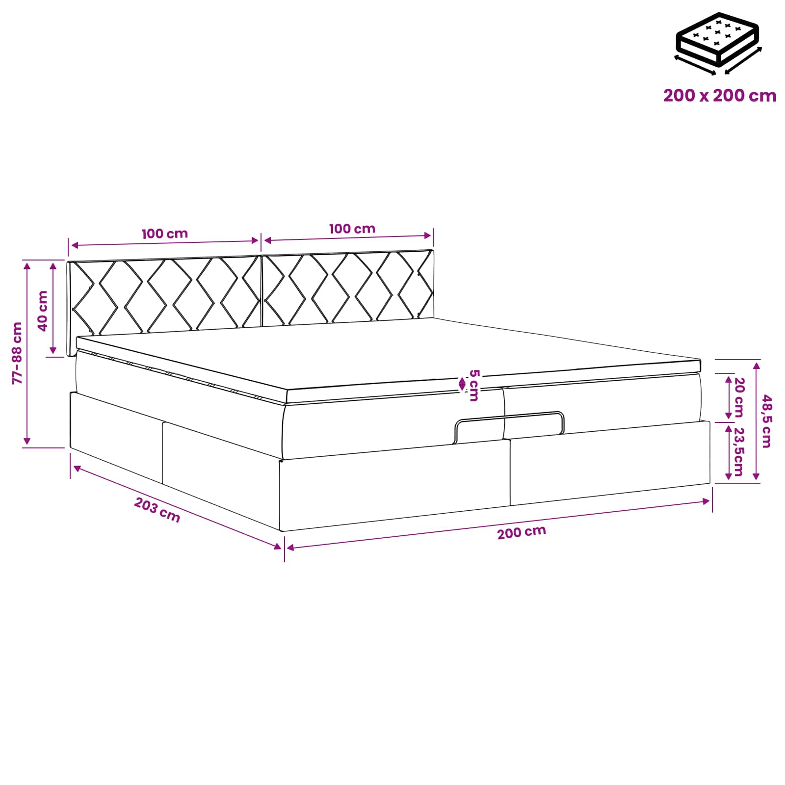 Κρεβάτι Ottoman με στρώμα Σκούρο Γκρι 200 x 200 cm Ύφασμα - Pakobazaar