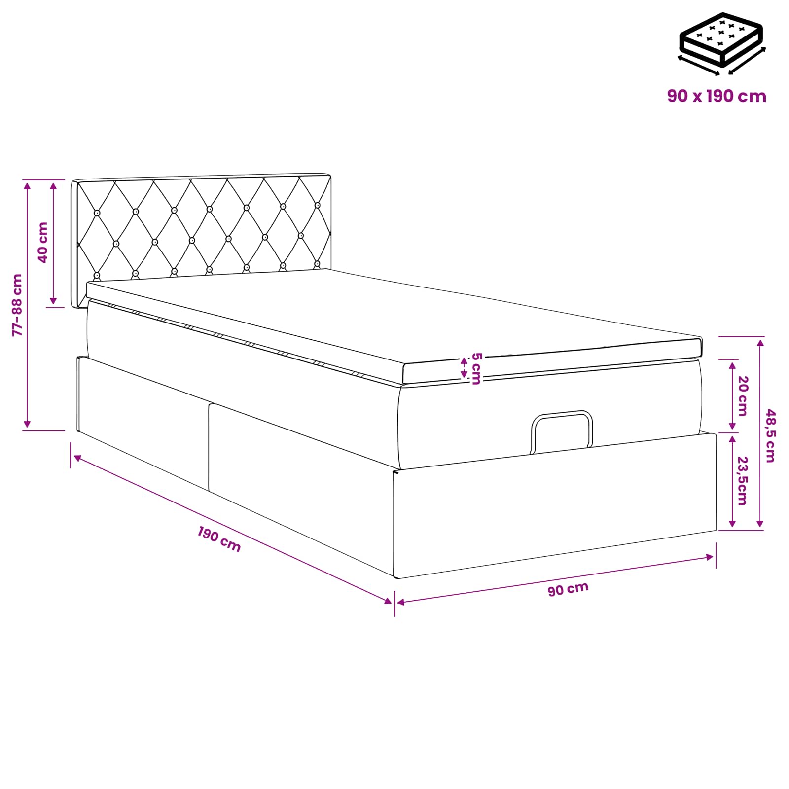 Κρεβάτι Ottoman με στρώμα με κεφαλάρι Ροζ 90 x 190 cm Βελούδο - Pakobazaar