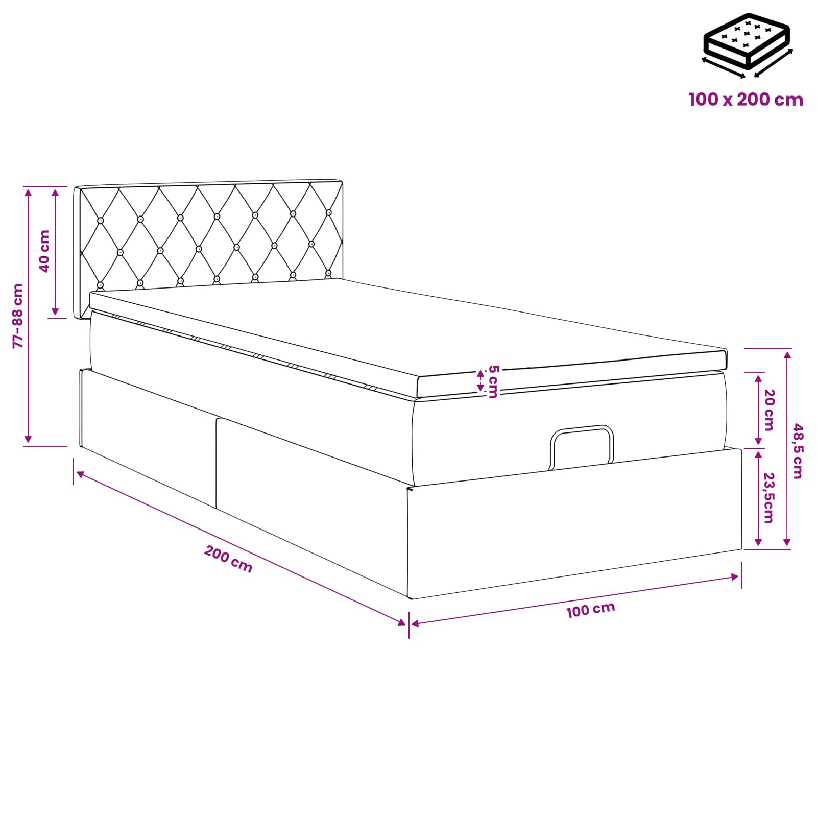 Κρεβάτι Ottoman με στρώμα με κεφαλάρι Ροζ 100 x 200 cm Βελούδο - Pakobazaar