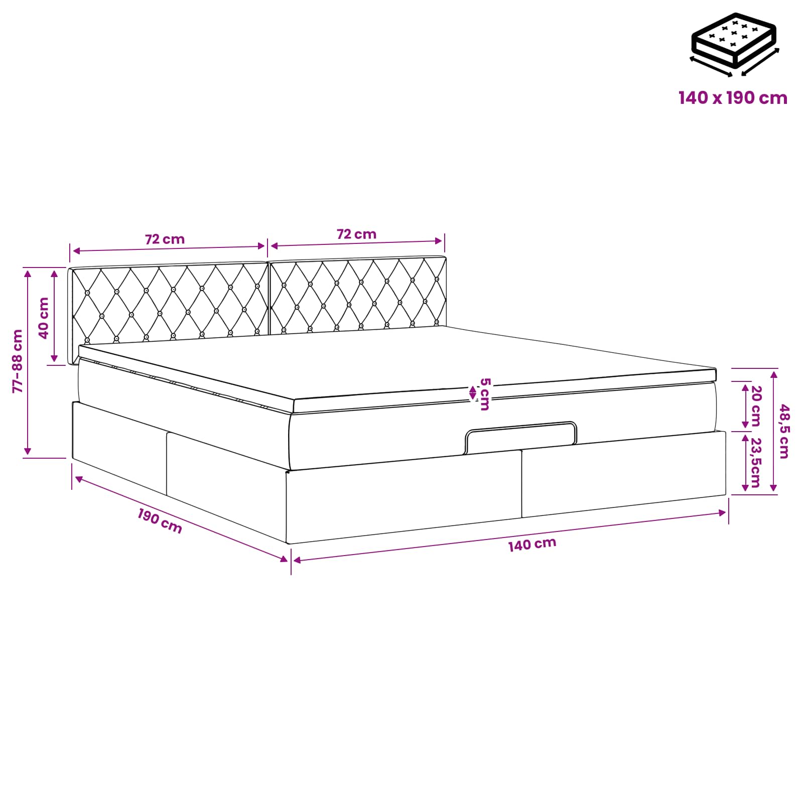 Κρεβάτι Ottoman με στρώμα Μαύρο 140 x 190 cm Βελούδο