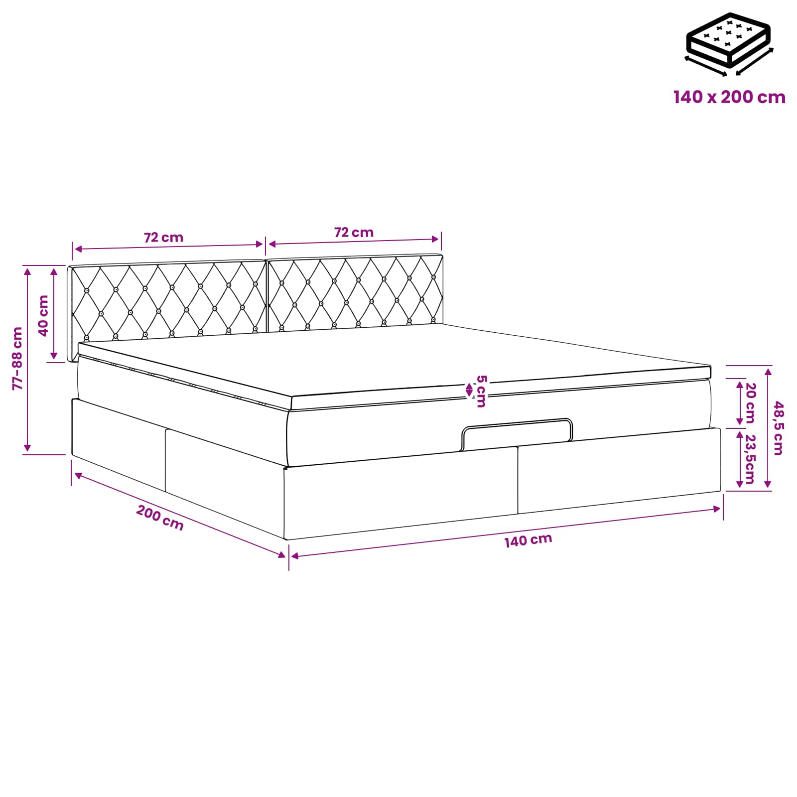 Κρεβάτι Ottoman με στρώμα Μαύρο 140 x 200 cm Βελούδο - Pakobazaar