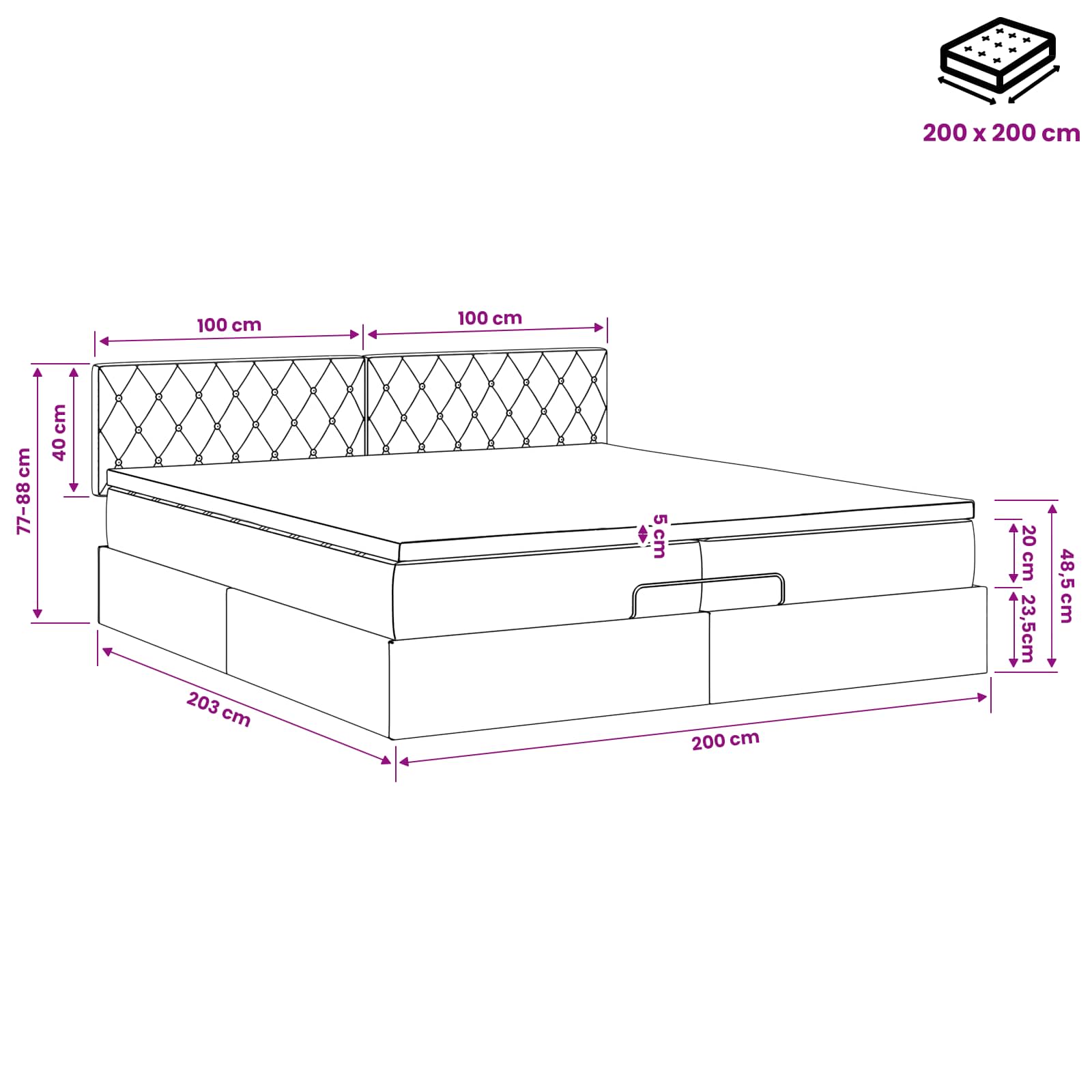 Κρεβάτι Ottoman με στρώμα Μαύρο 200 x 200 cm Βελούδο - Pakobazaar