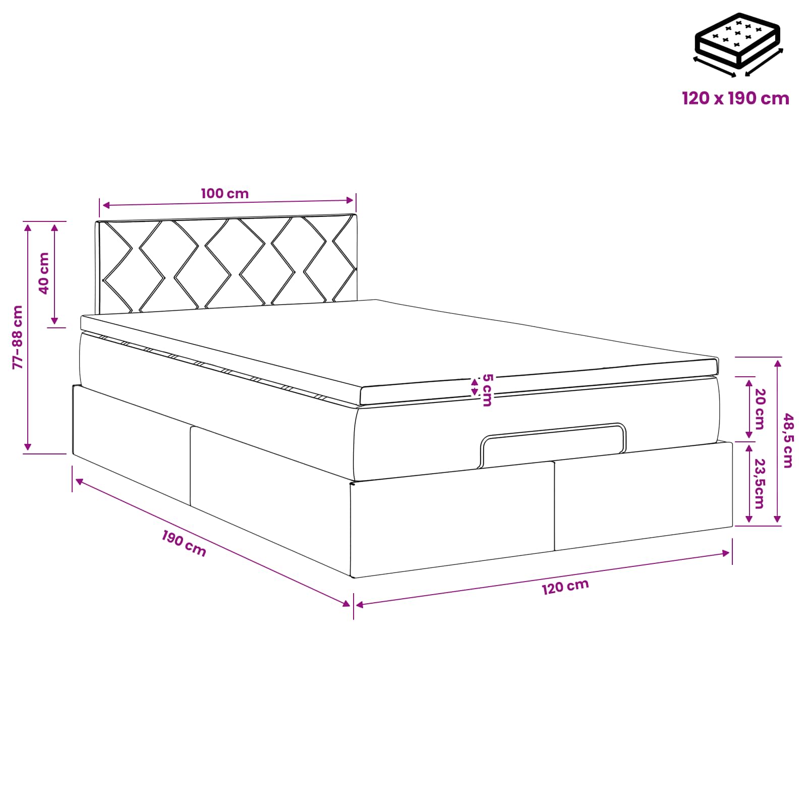 Κρεβάτι Ottoman με στρώμα Σκούρο Γκρι 120 x 190 cm Βελούδο