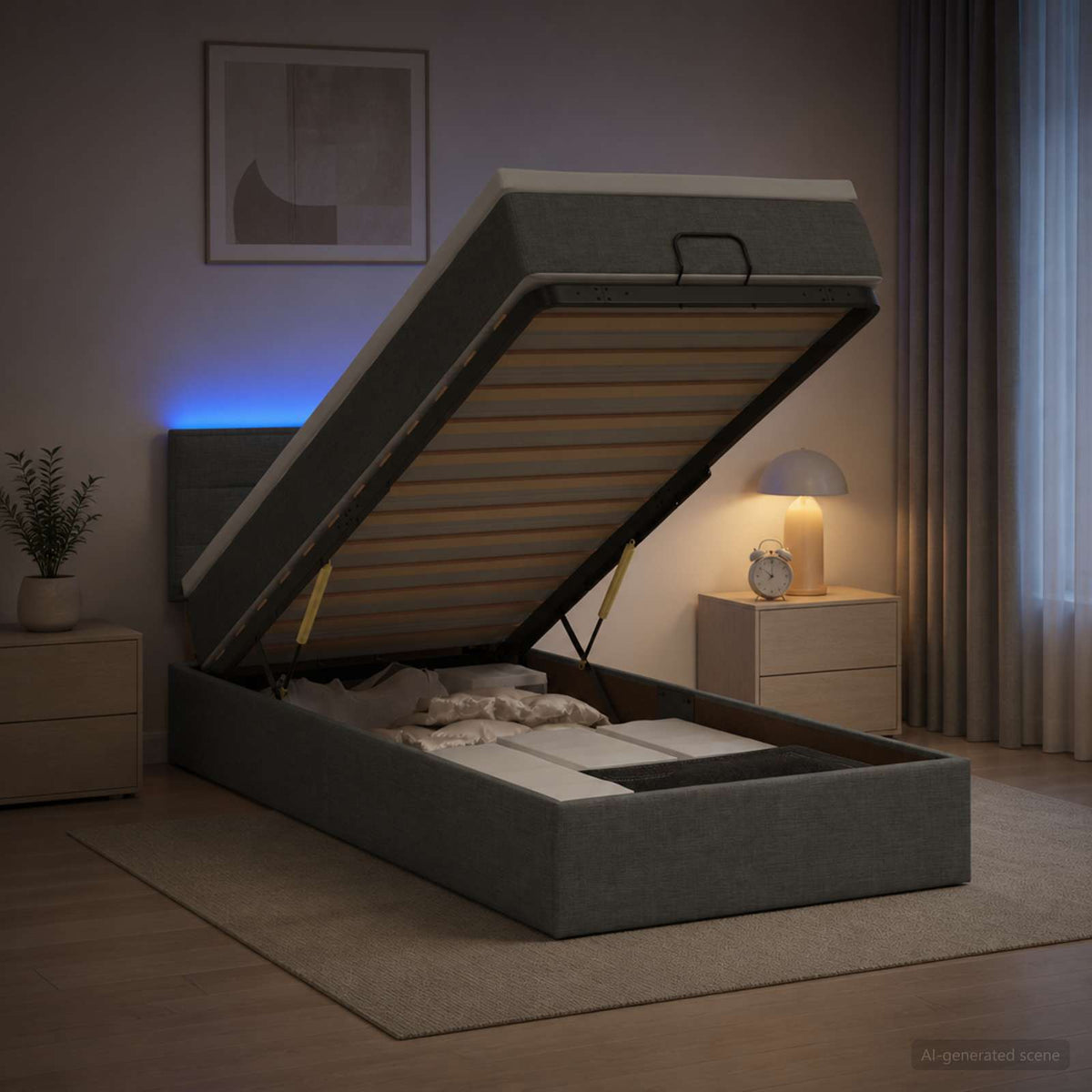 Κρεβάτι Ottoman με Στρώμα και LED Σκούρο Γκρι 90 x 200 cm - Pakobazaar