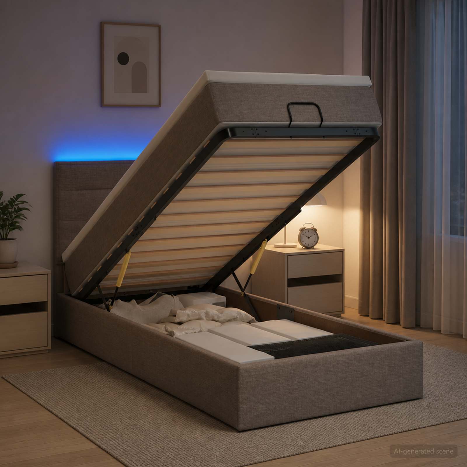 Κρεβάτι Ottoman με Στρώμα και LED Taupe 100 x 200 cm Ύφασμα - Pakobazaar