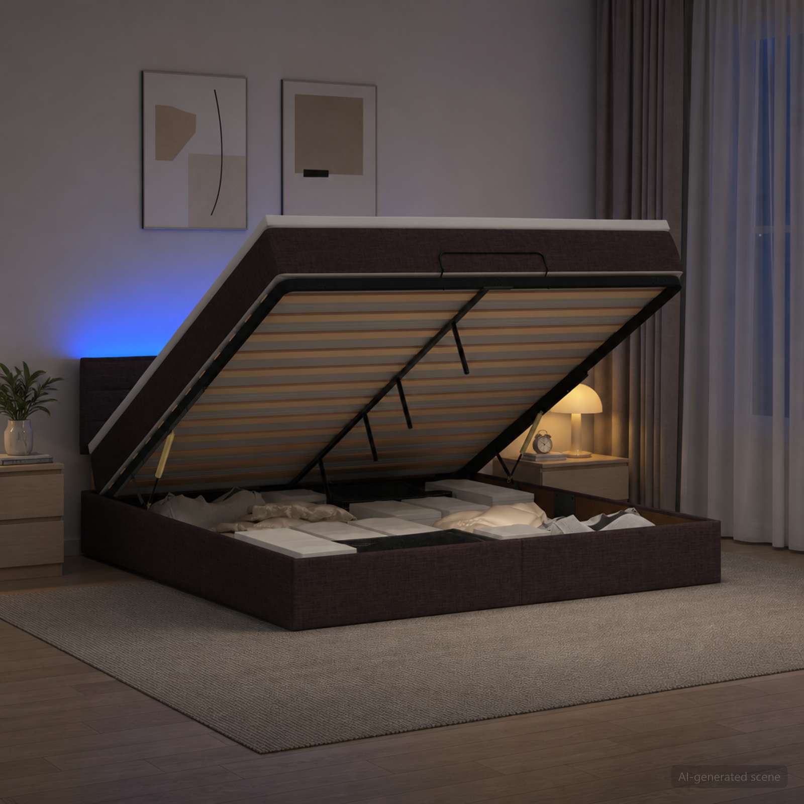 Κρεβάτι Ottoman με Στρώμα και LED Σκούρο Καφέ 140 x 200 cm - Pakobazaar