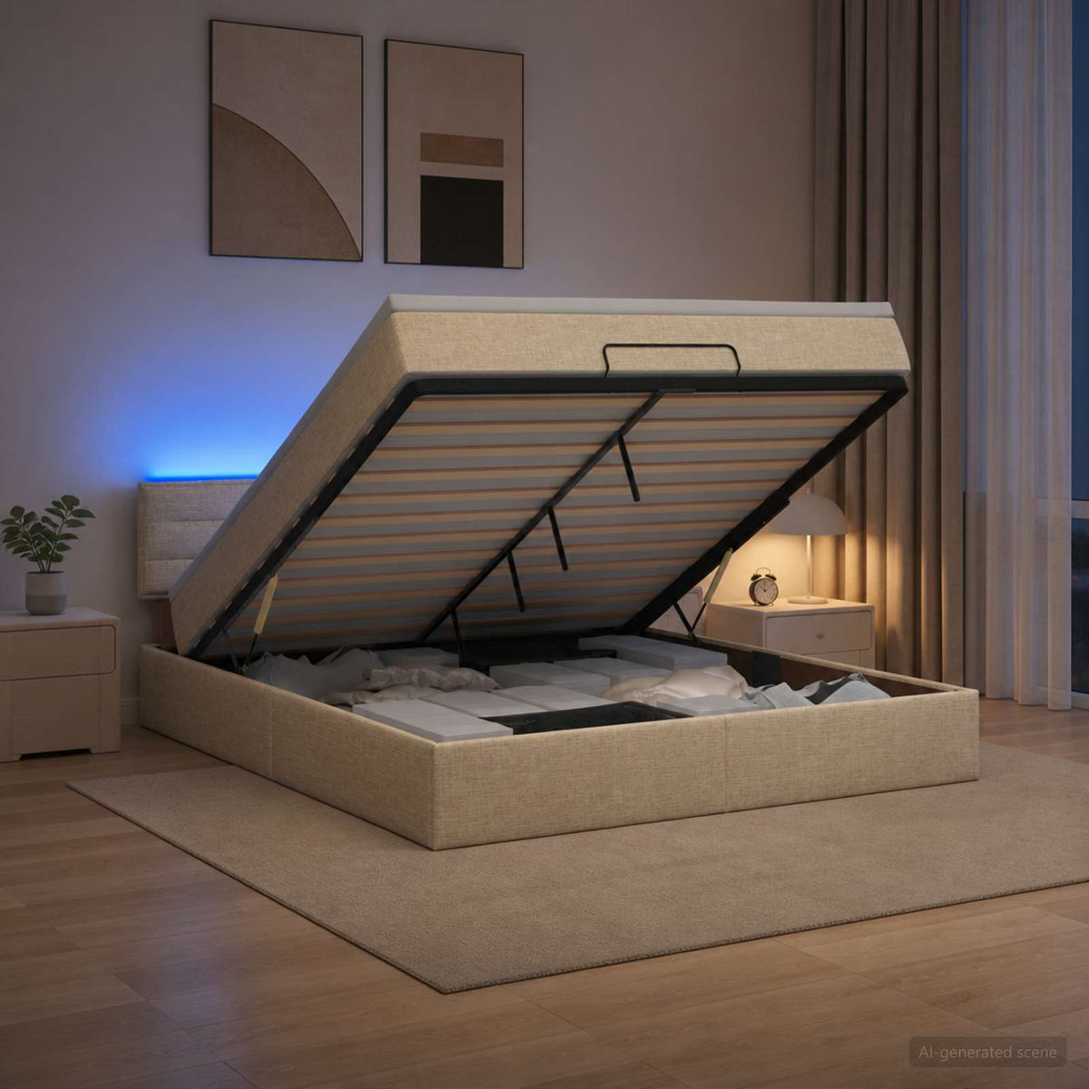 Κρεβάτι Ottoman με Στρώμα και LED Κρεμ 160 x 200 cm Ύφασμα - Pakobazaar