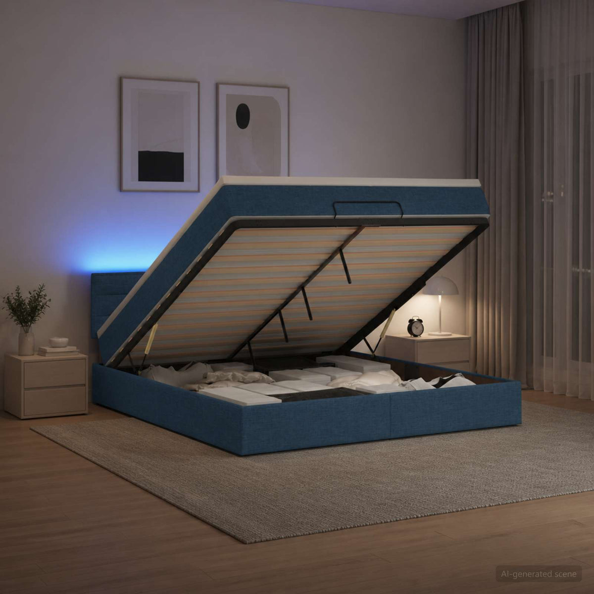 Κρεβάτι Ottoman με Στρώμα και LED Μπλε 160 x 200 cm Ύφασμα - Pakobazaar