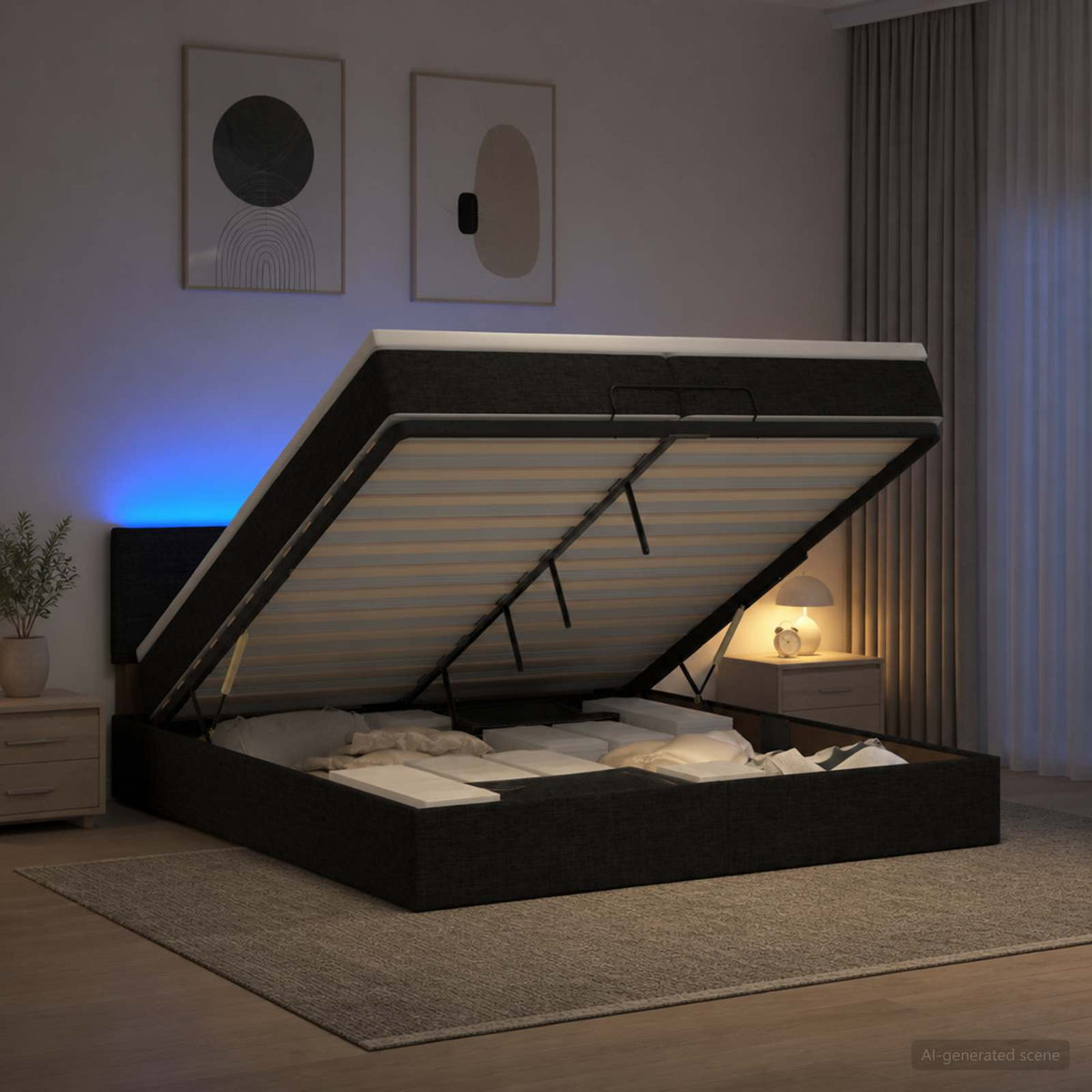 Κρεβάτι Ottoman με Στρώμα και LED Μαύρο 200 x 200 cm Ύφασμα - Pakobazaar