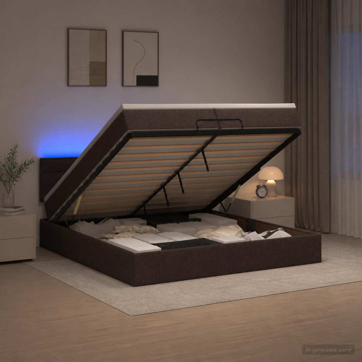 Κρεβάτι Ottoman με Στρώμα και LED Σκούρο Καφέ 200 x 200 cm