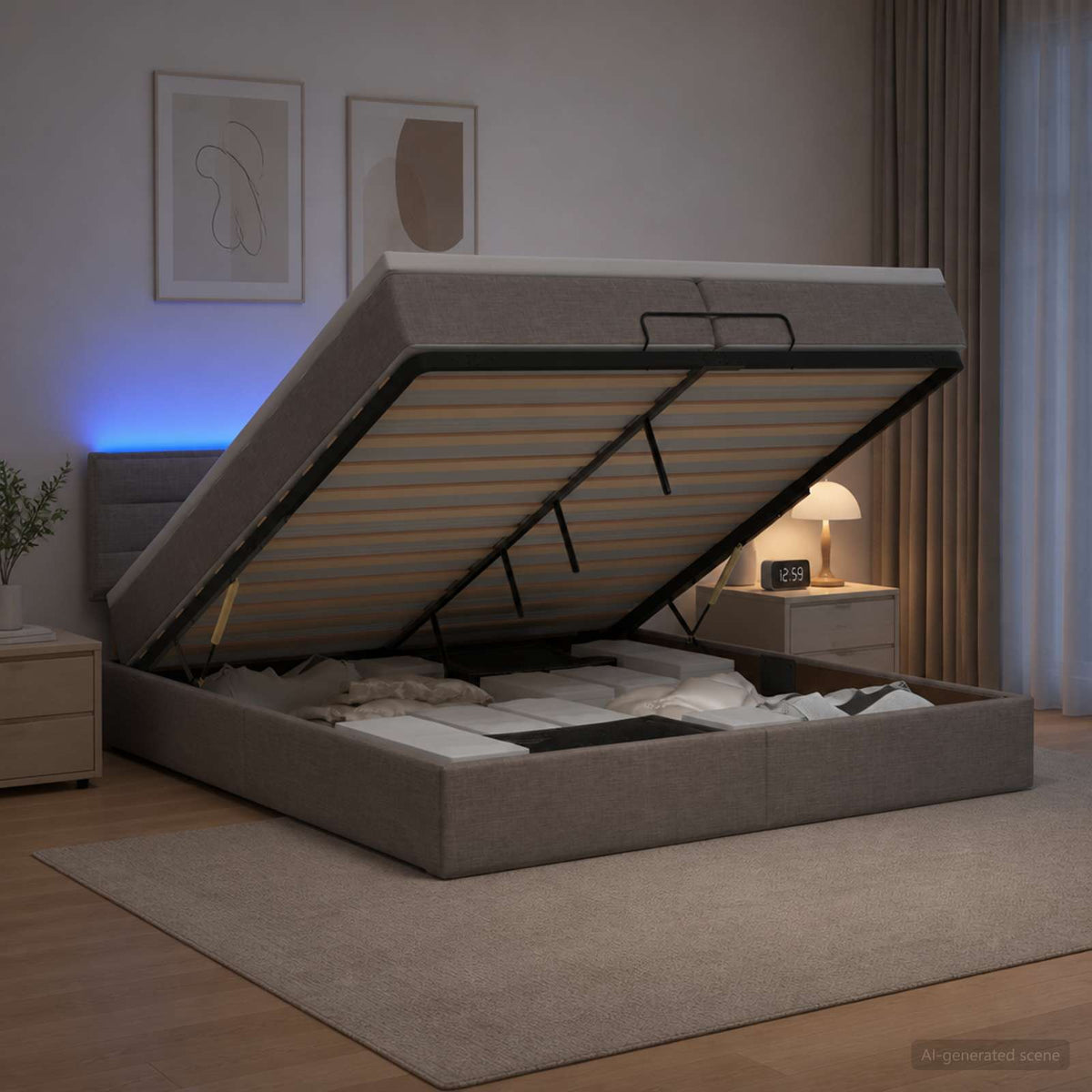 Κρεβάτι Ottoman με Στρώμα και LED Taupe 200 x 200 cm Ύφασμα