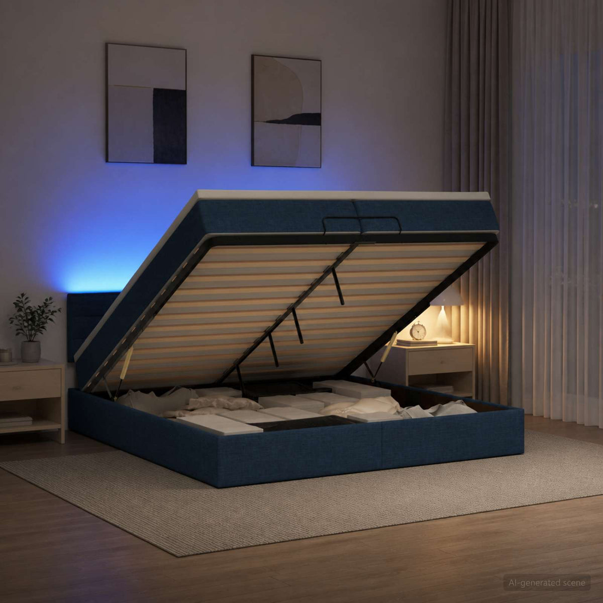 Κρεβάτι Ottoman με Στρώμα και LED Μπλε 200 x 200 cm Ύφασμα - Pakobazaar
