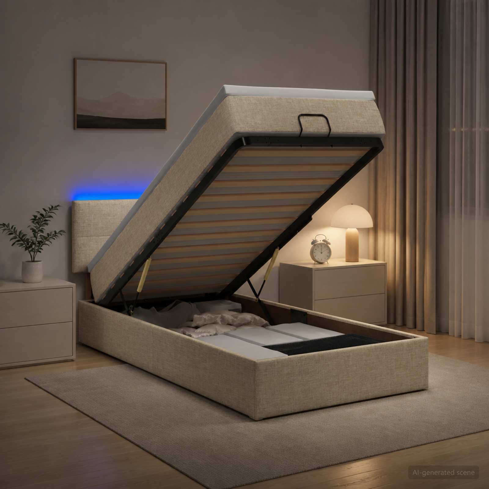Κρεβάτι Ottoman με Στρώμα και LED Κρεμ 100 x 200 cm Ύφασμα